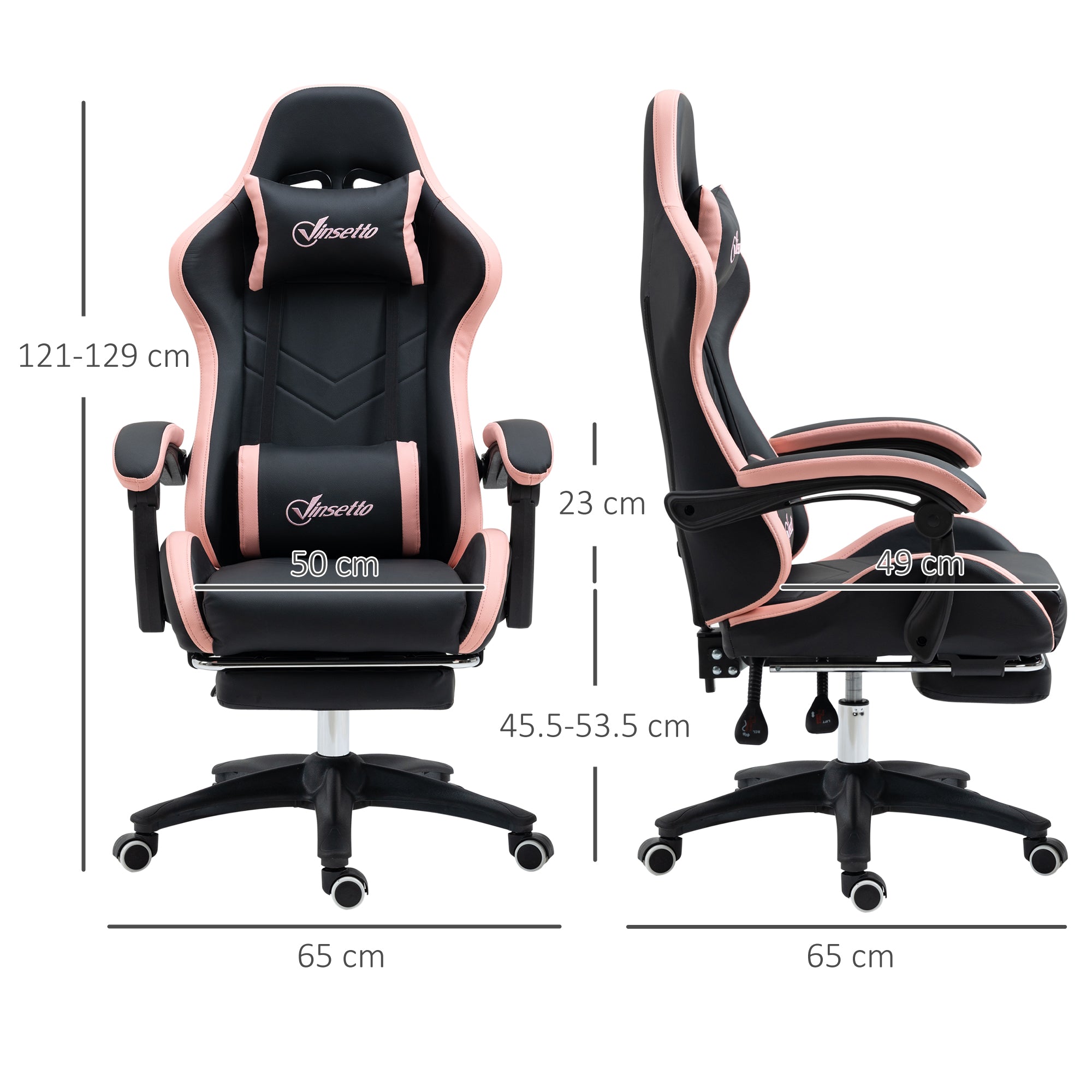 Vinsetto Computer Gaming Chair, PU Leather Office Desk Chair with Footrest, Swivel Wheels, 135√Ç¬∞ Reclining Back, Lumbar Support, Headrest for Home, Black and Pink