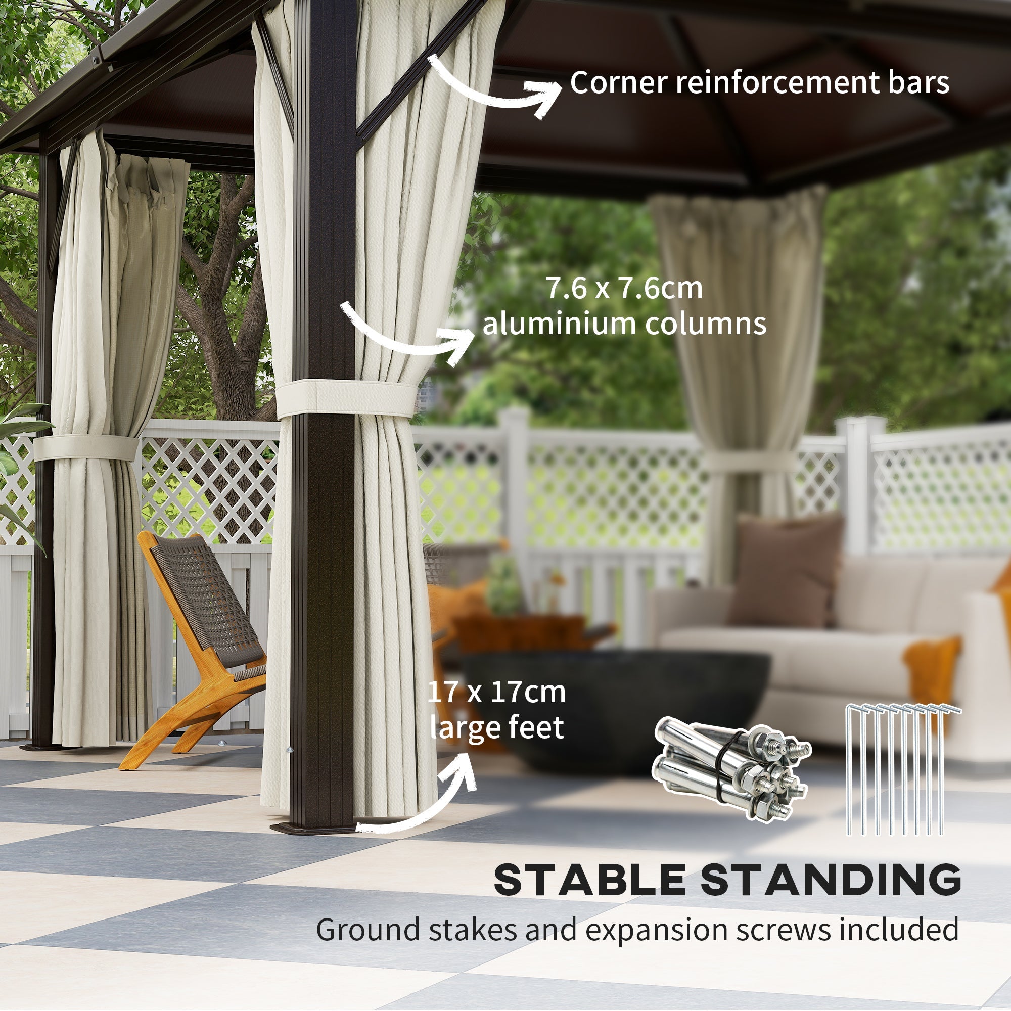 Outsunny 3 x 3(m) Hardtop Gazebo Canopy with UPF30+ Double Polycarbonate Roof, Aluminium Frame Garden Gazebo Permanent Pavilion with Mosquito Netting and Curtains for Patio, Deck, Beige