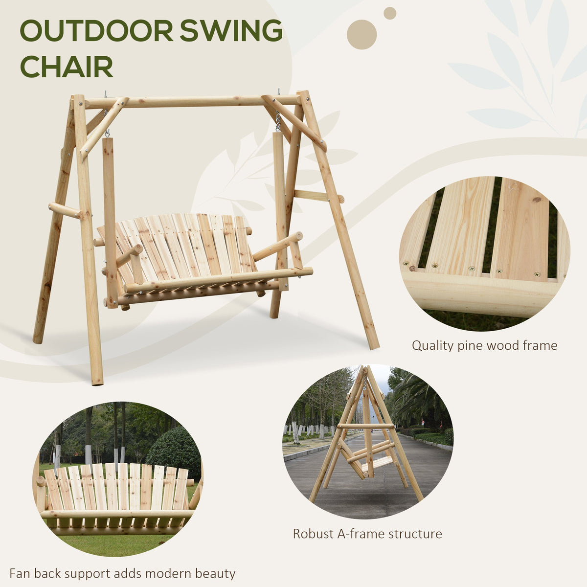 Outsunny Outdoor 2 Seater Swing Chair Larch Wood Garden Swing Seat Porch Hammock Bench Lounger