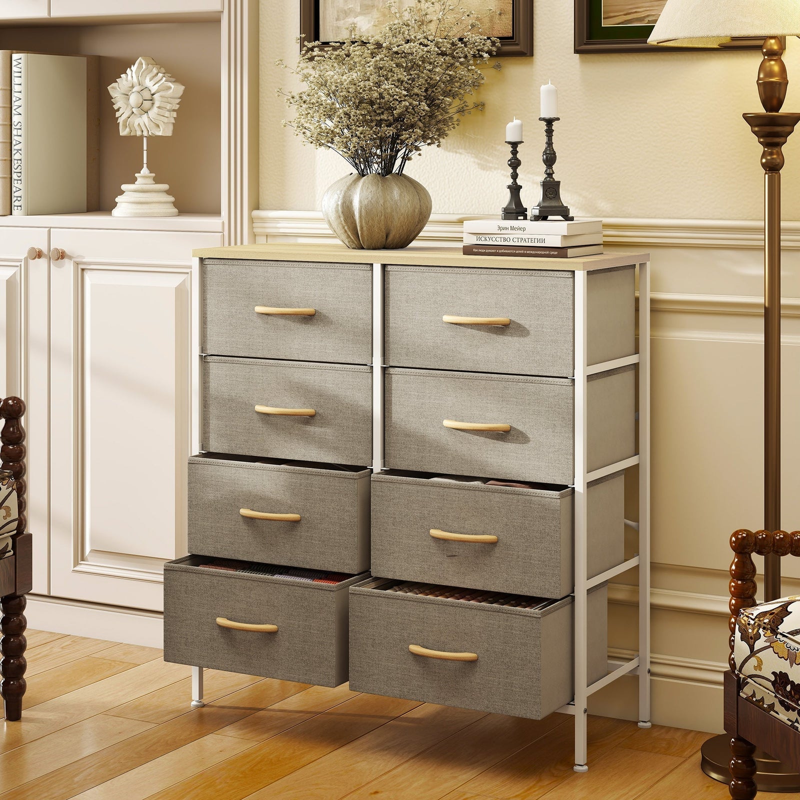 HOMCOM Fabric Chest of Drawers, Industrial Bedroom Dresser with 8 Fabric Drawers, Steel Frame and Wooden Top for Nursery, Living Room, Hallway, Maple Wood-effect