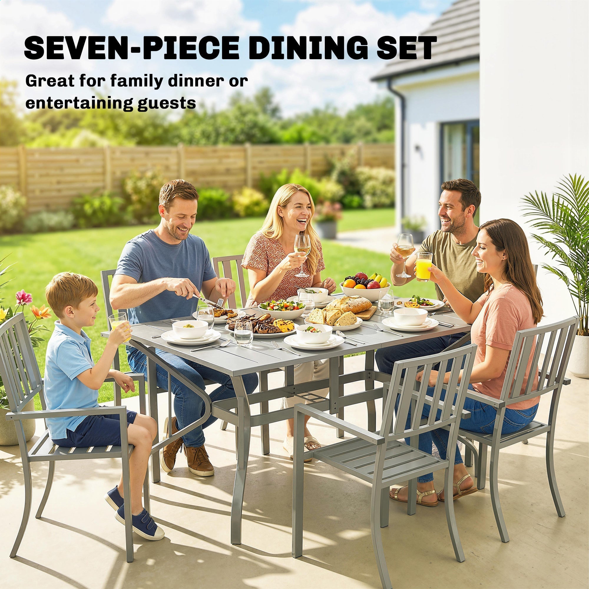 Outsunny 7 Pieces Garden Table and Chairs, 6 Seater Outdoor Table and Chairs with Umbrella Hole, for Garden, Light Grey