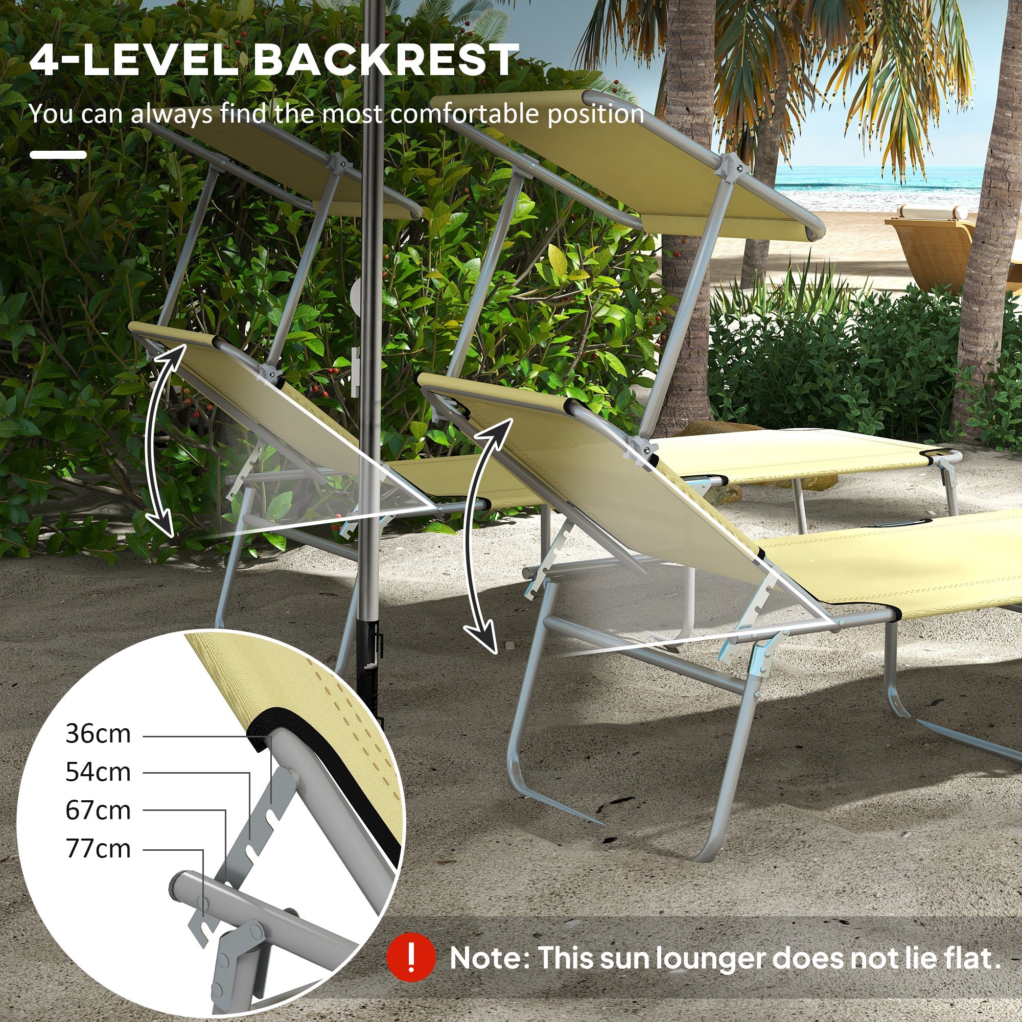Outsunny Outdoor Foldable Sun Lounger Set of 2, 4 Level Adjustable Backrest Reclining Sun Lounger Chair with Angle Adjust Sun Shade Awning for Beach, Garden, Patio, Beige