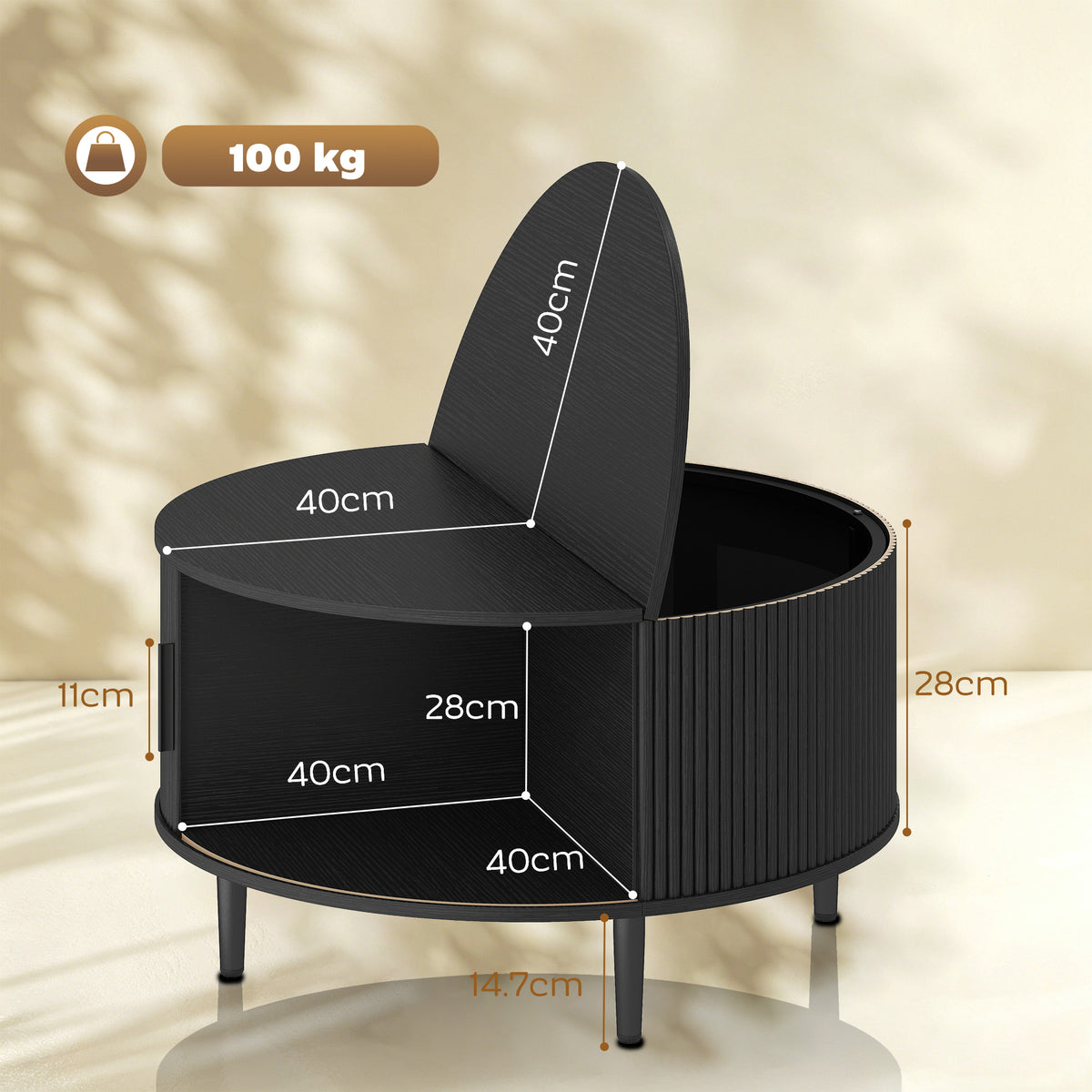 HOMCOM Coffee Table with Lift Top and Hidden Storage, Round Centre Table with Fluted Sliding Door, 80 cm, Black Wood Effect