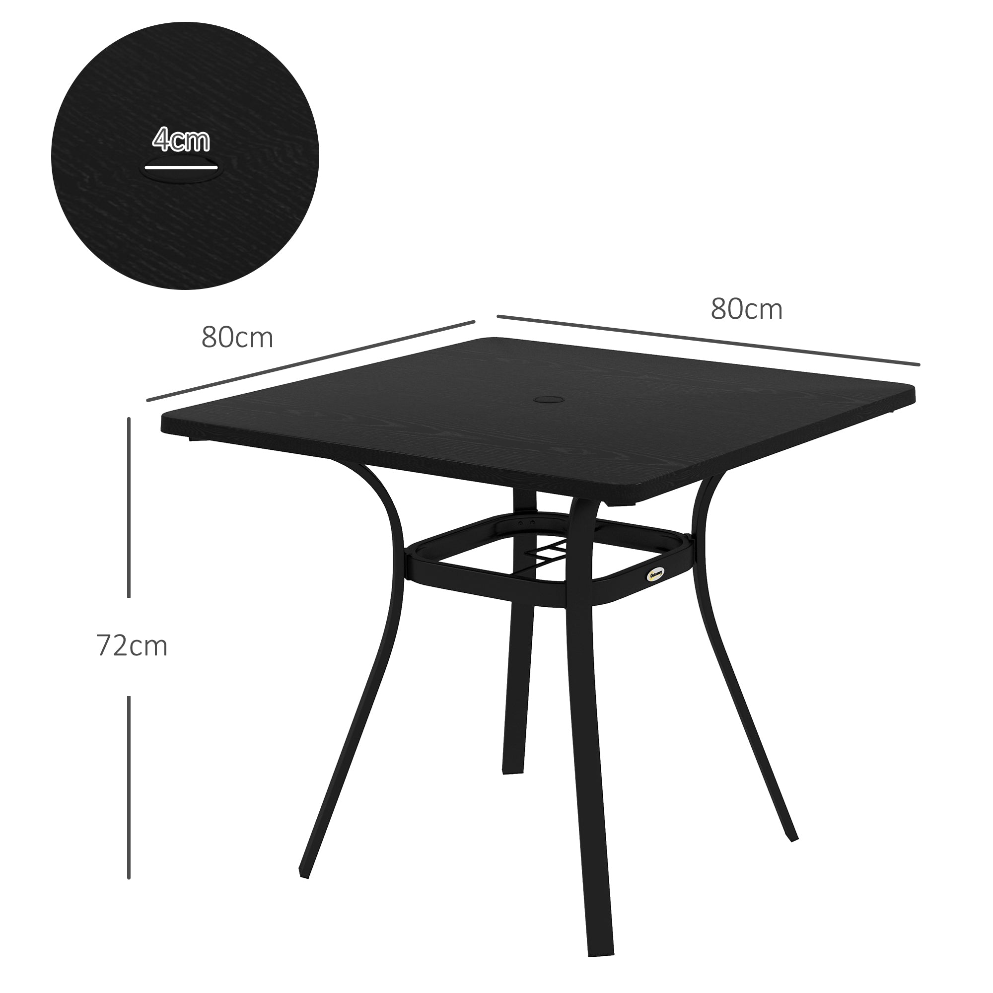 Outsunny Four-Seater Steel Garden Table, with 40mm Parasol Hole - Black