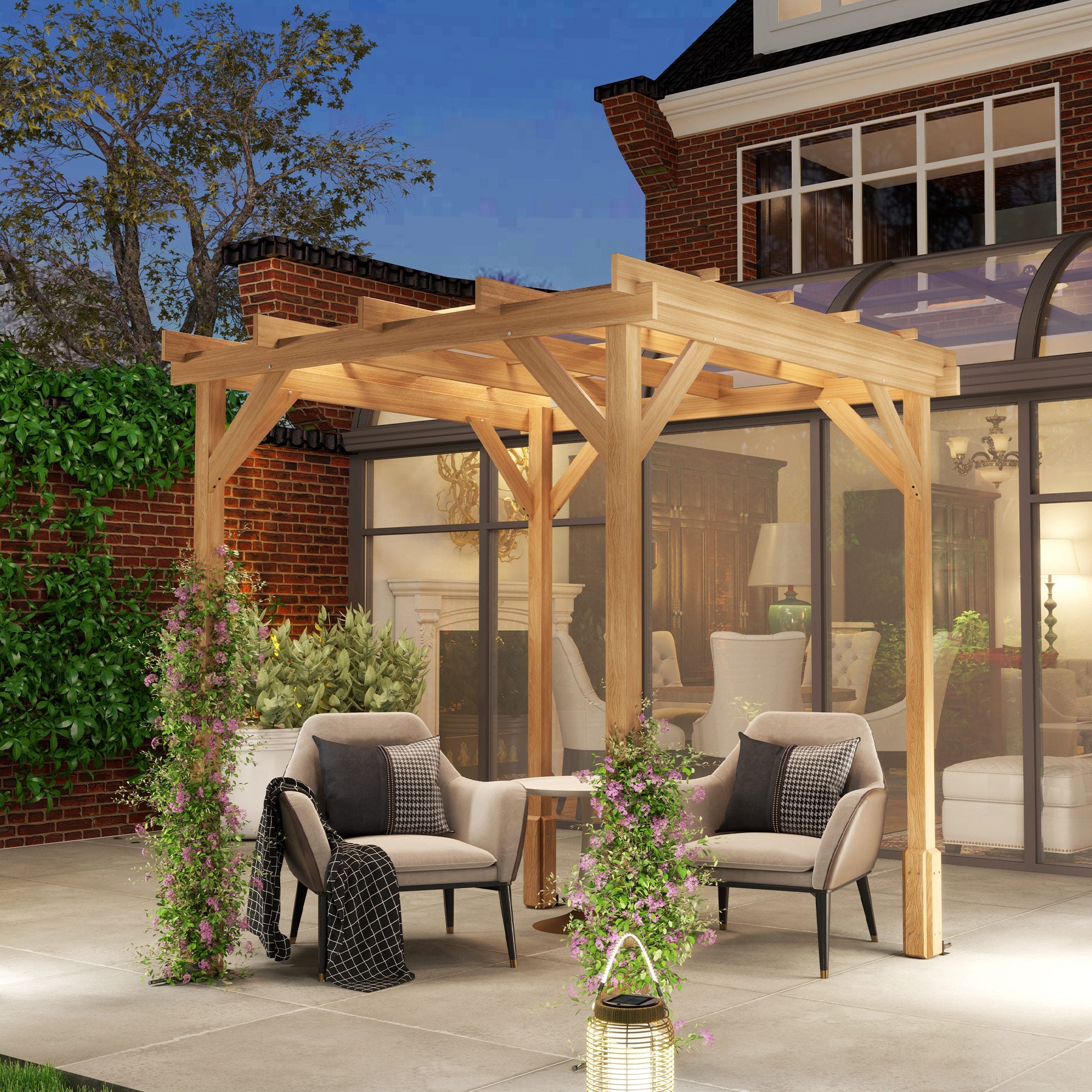 Outsunny 2 x 2m Wooden Pergola Kit, Decorative Garden Gazebo Shelter with Stable Structure for Climbing Vines, Flowers, Dark Brown