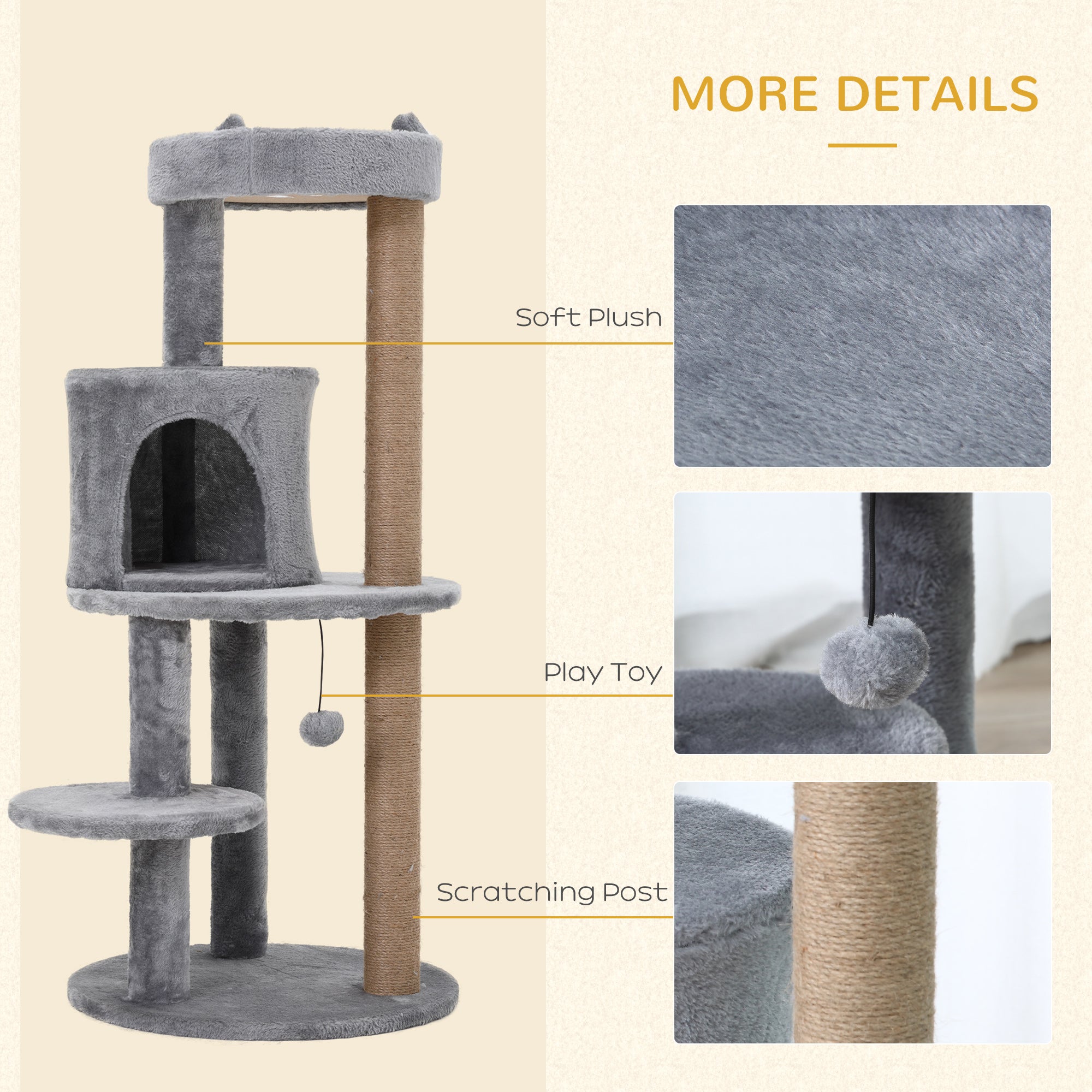 PawHut 104 cm Cat Tree, Cat Condo Tree Tower, Cat Activity Centre with Scratching Posts, Plush Perch, Hanging Ball - Grey
