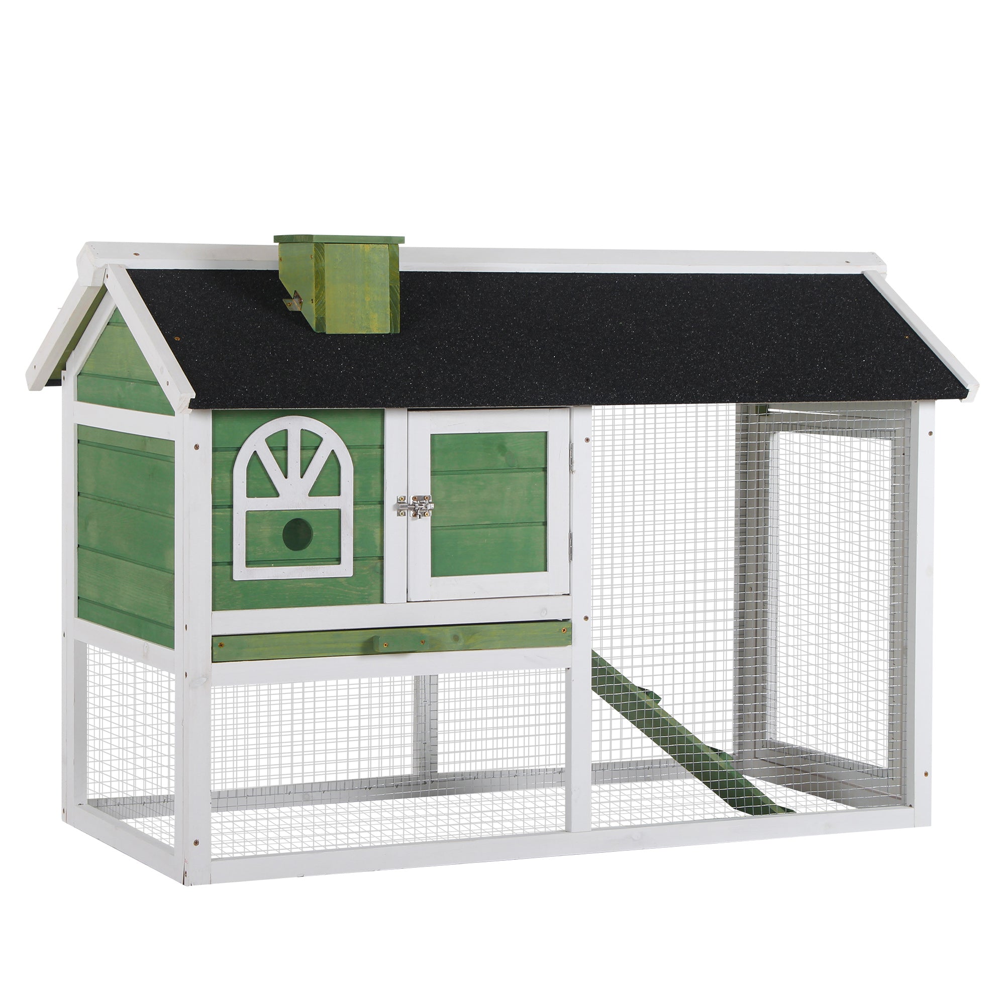 PawHut Wooden Rabbit Hutch and Run with Sliding Tray, Ramp, Water-resistant Roof, for 2-4 Rabbits, Green