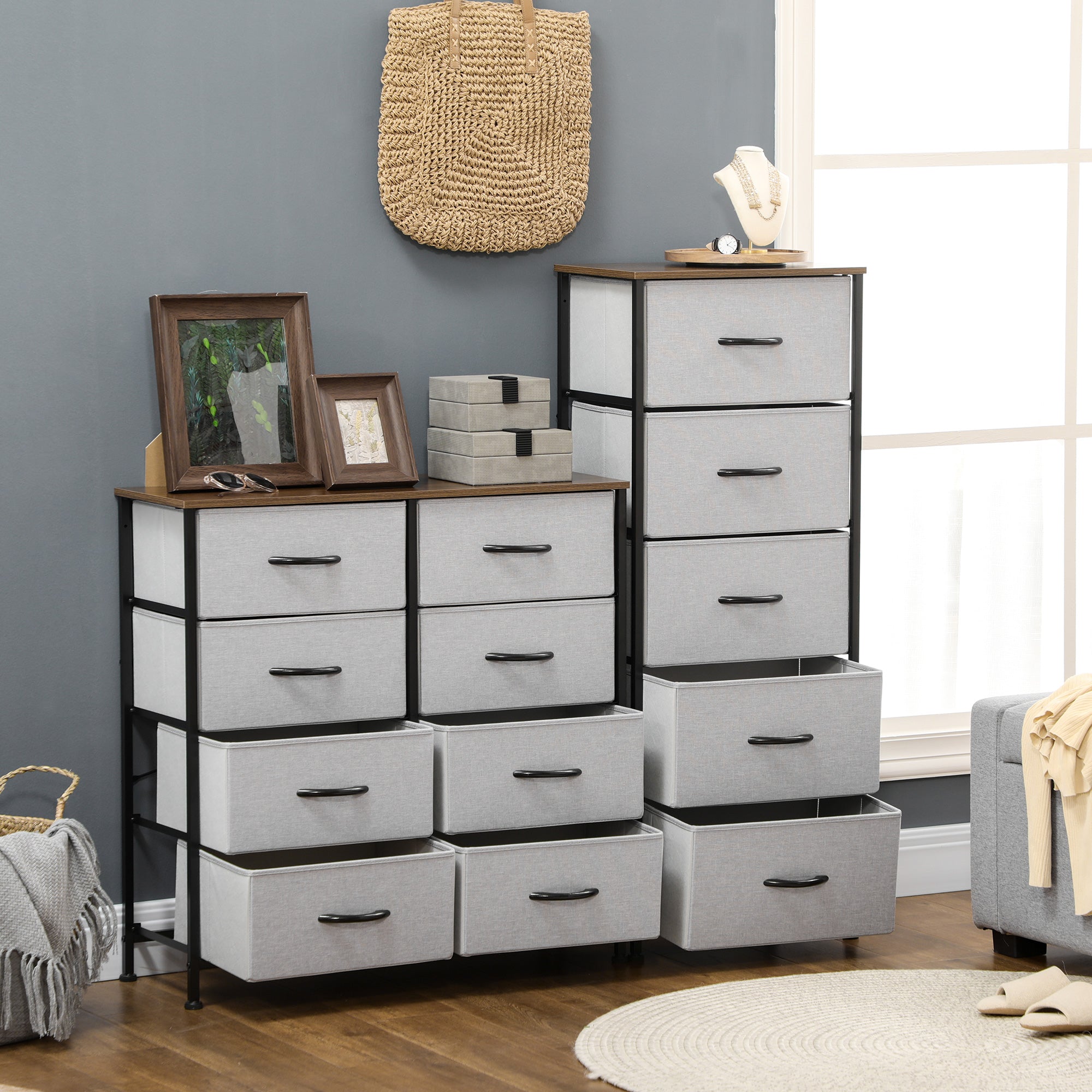 HOMCOM Fabric Chest of Drawers, Industrial Bedroom Dresser with 5 Fabric Drawers, Steel Frame and Wooden Top for Nursery, Living Room, Hallway, Grey