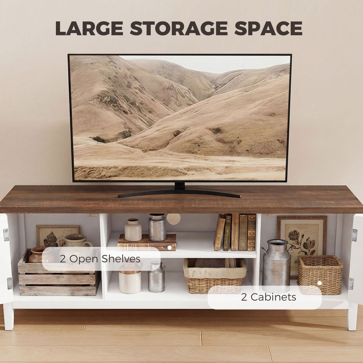 HOMCOM TV Stand for TVs up to 42 Inch, Farmhouse Entertainment Center with 2 Open Shelves, 2 Cabinets and Thick Top