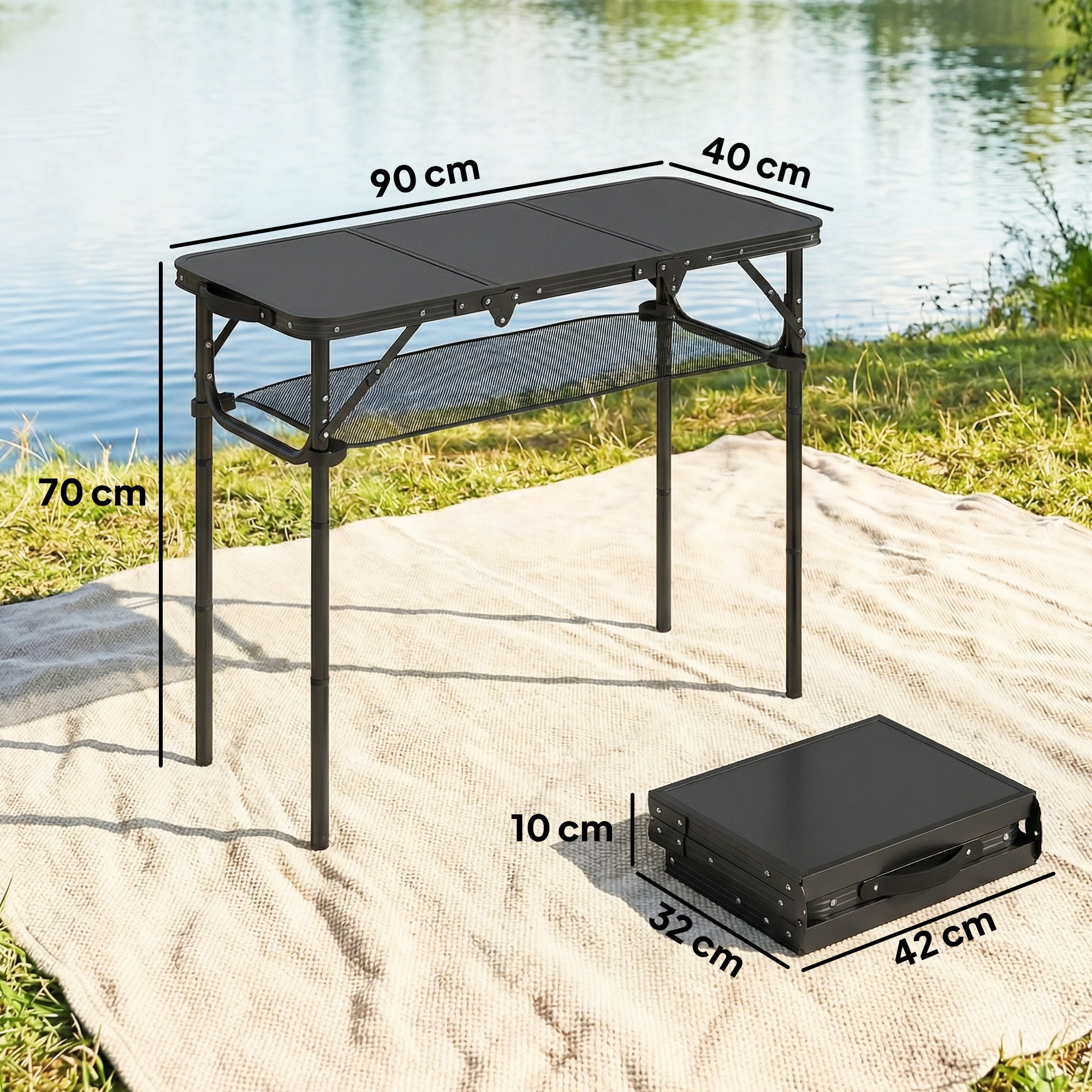 Outsunny 3ft Folding Camping Table, Picnic Table with Mesh Storage Layer, Carrying Bag and Metal Frame, Black