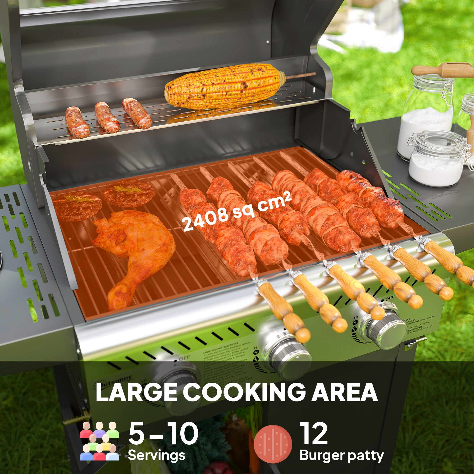 Outsunny 7.5kW Three-Burner Gas BBQ Grill, with See-Through Lid - Black