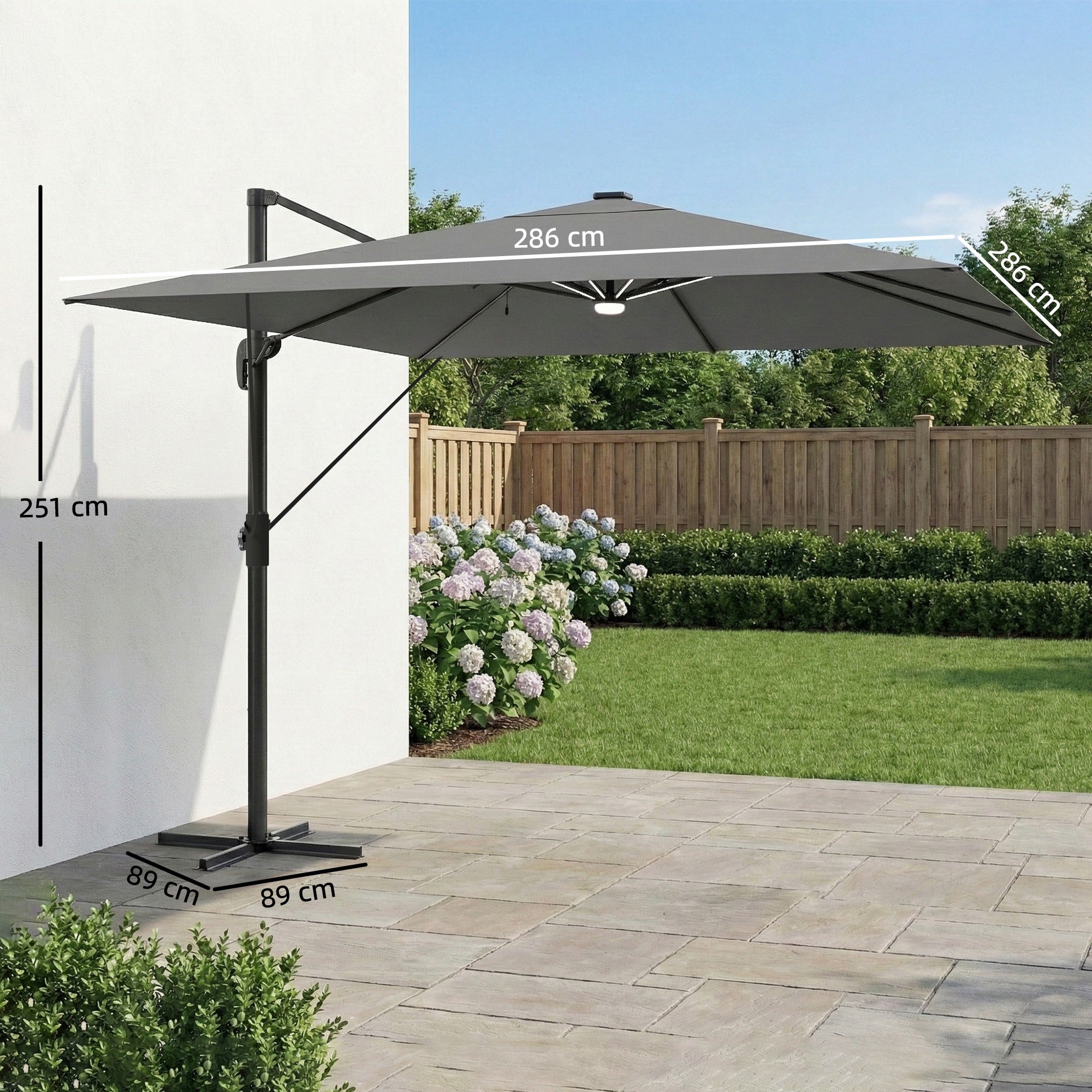 Outsunny 3 x 3 m Garden Cantilever Parasol with Light, Cover, Overhanging Umbrella w/ Wind Protection, 360Â° Rotation, Light Grey