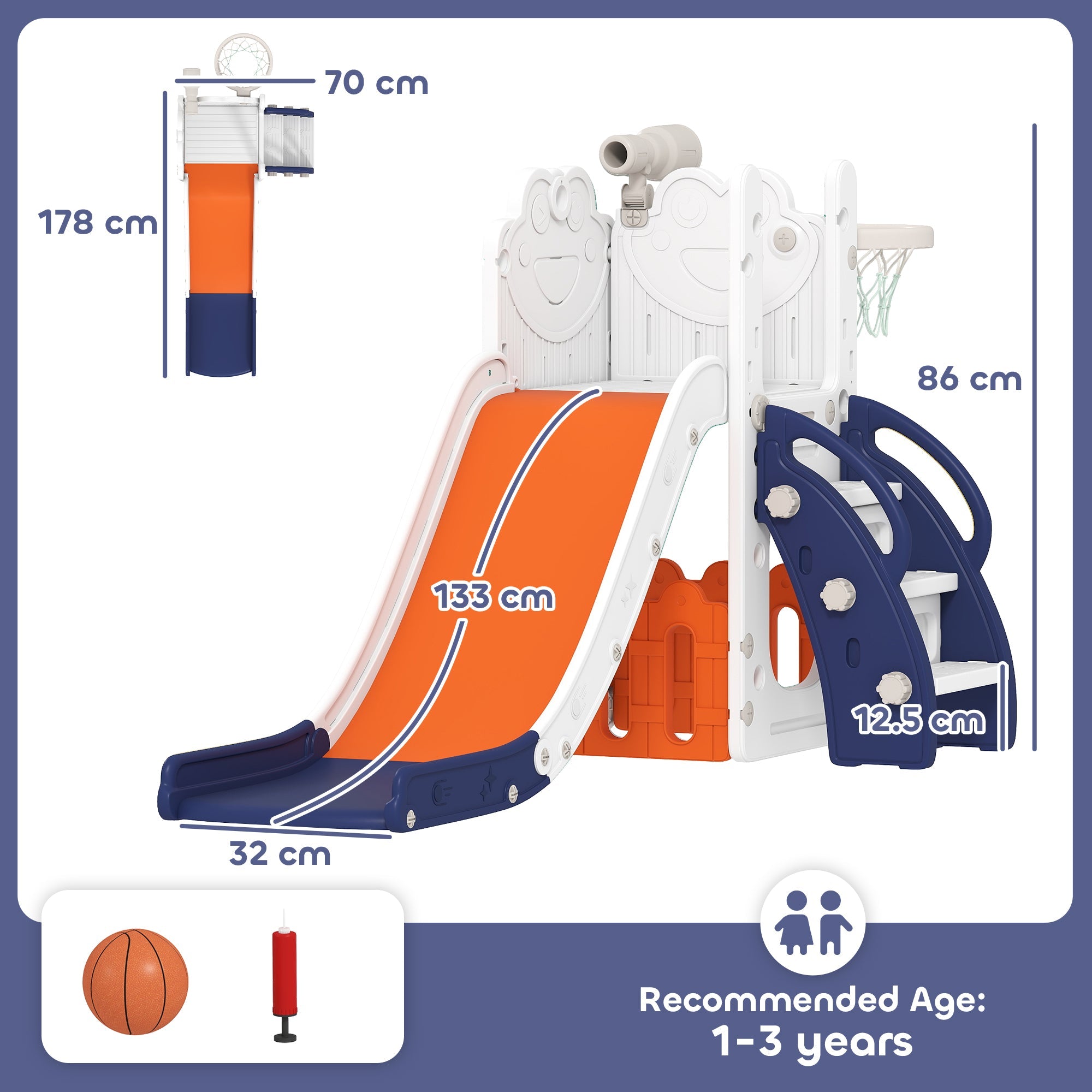 AIYAPLAY 5 in 1 Kids Slide Set with Basketball Hoop, Climbing Frame, Telescope, Storage Box for Toddlers Ages 1-3, Orange