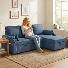 HOMCOM Corner Sofa Bed, L Shaped Sleeper Sectional Sofa with Reversible Storage Chaise, Blue