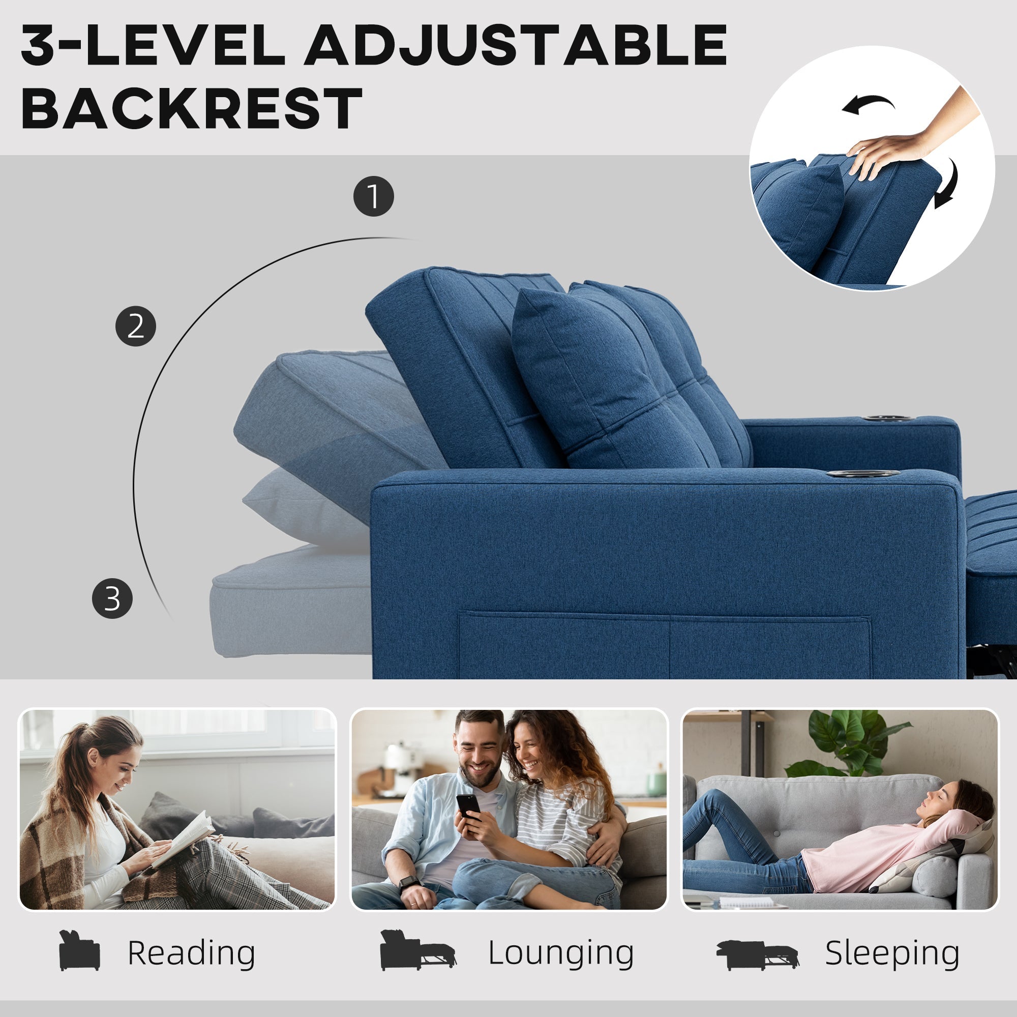HOMCOM Two-Seater Pull-Out Sofa Bed - Dark Blue