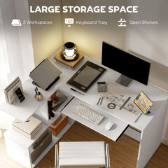 HOMCOM L-Shaped Corner Desk, Computer Desk with Keyboard Tray and Open Shelves, White Wood Effect