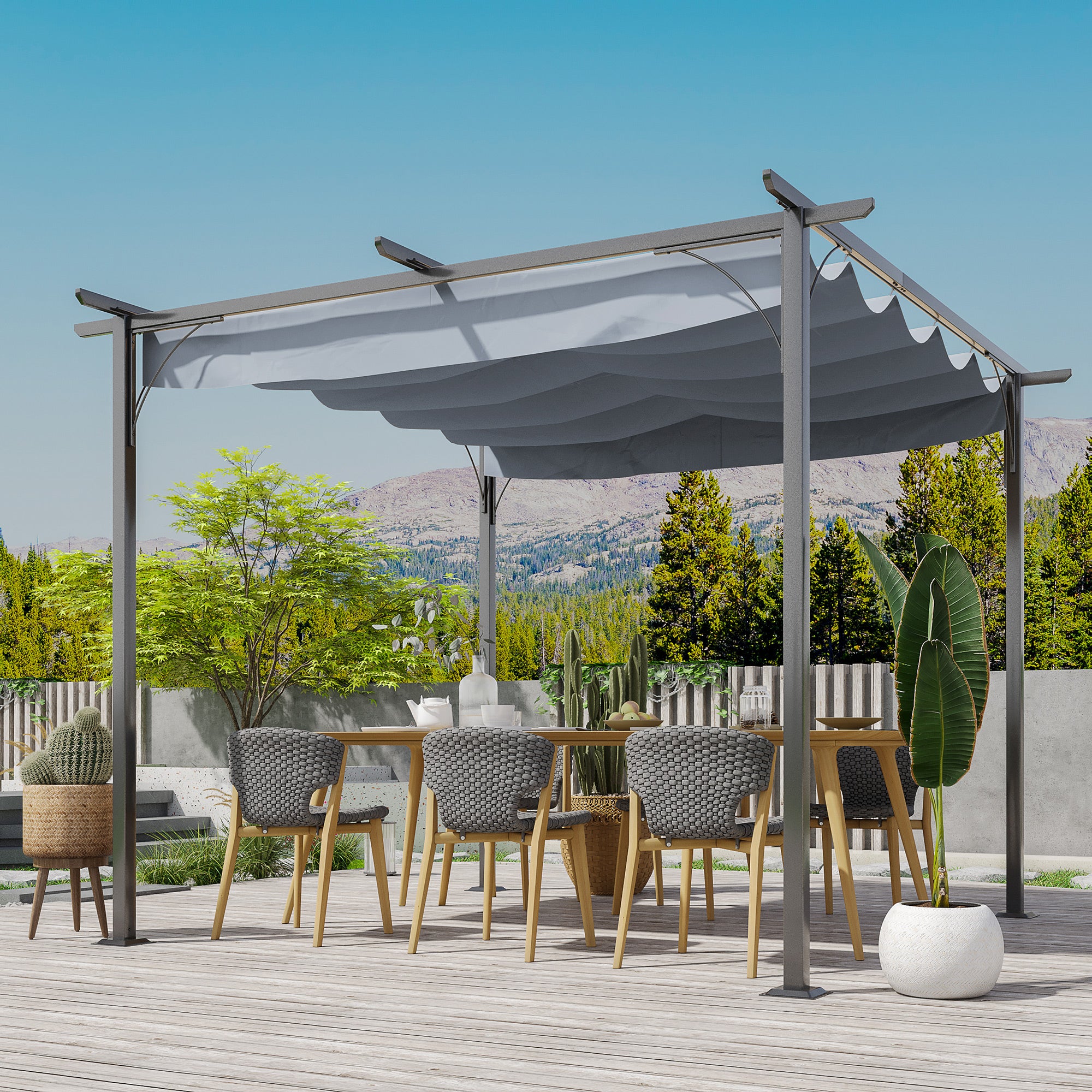 Outsunny 3 x 3(m) Metal Retractable Pergola, Garden Gazebo Metal Pergola Canopy Outdoor Sun Shade Shelter for Party BBQ, Grey