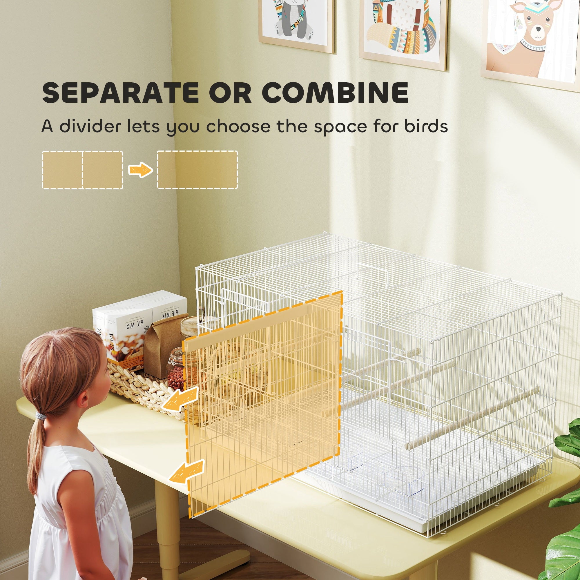 PawHut Bird Cage with Divider, 4 Wooden Perches, Slide Out Tray, 4 Feeders, for Budgie, Lovebird, Canary, 76 x 46 x 46cm, White