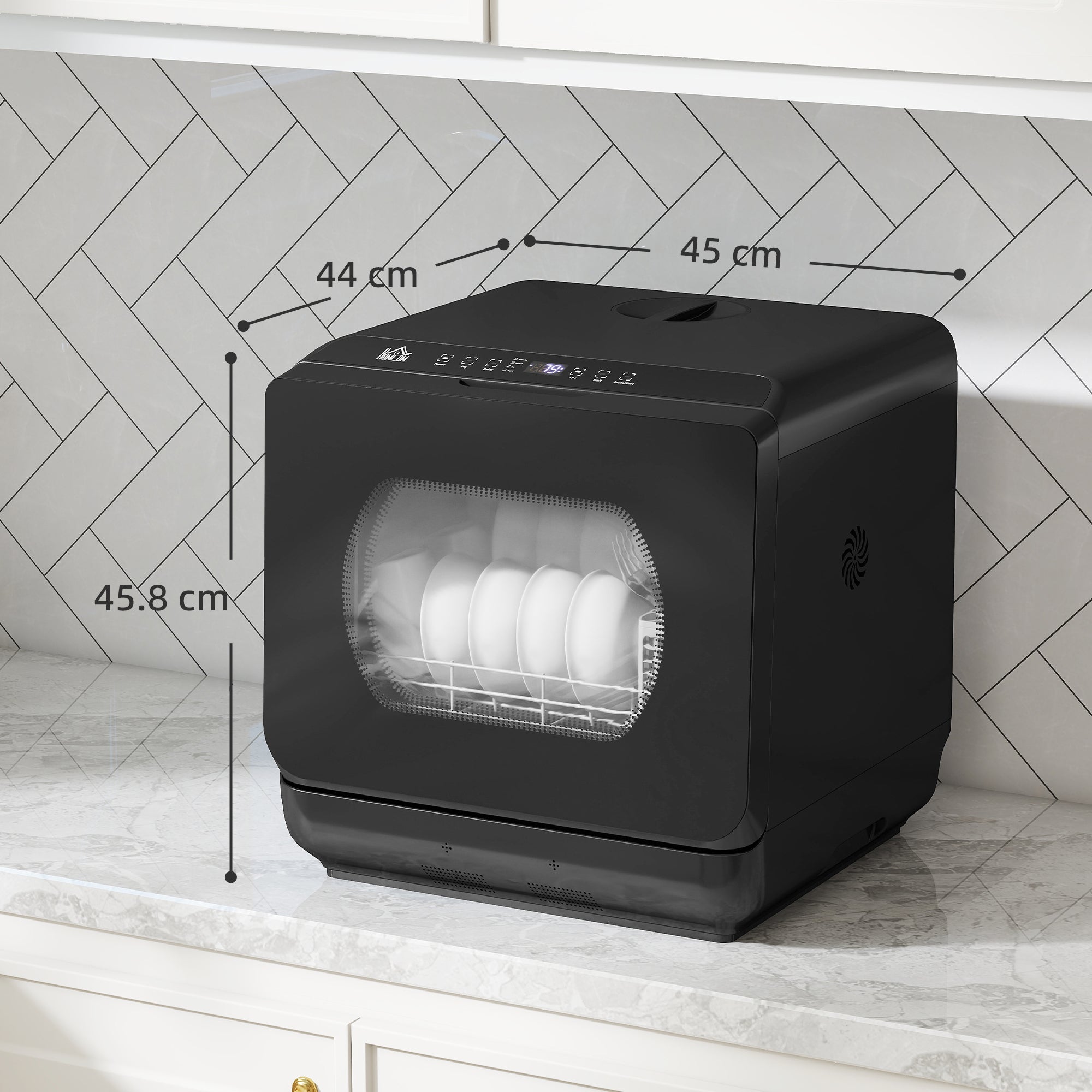 HOMCOM Table Top Dishwasher with Built-in 6L Water Tank, Mini Countertop Dishwasher with 6 Programs, 4 Place Settings, Black