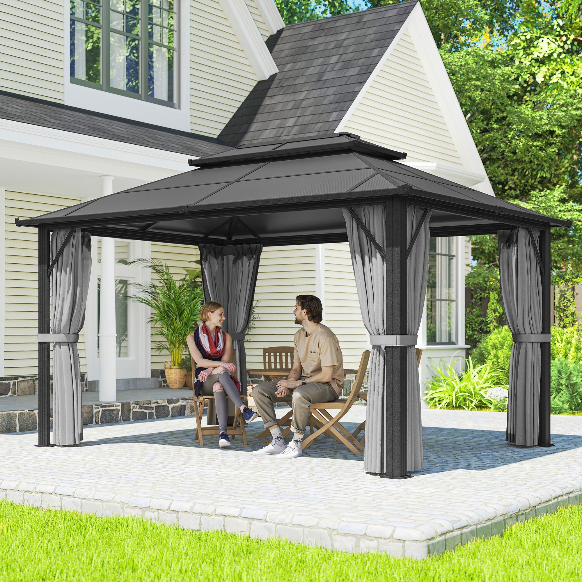 Outsunny 3 x 4m Hardtop Gazebo Canopy with UPF30+ Double Polycarbonate Roof, Aluminium Frame Garden Gazebo Permanent Pavilion with Mosquito Netting and Curtains for Patio, Deck, Grey