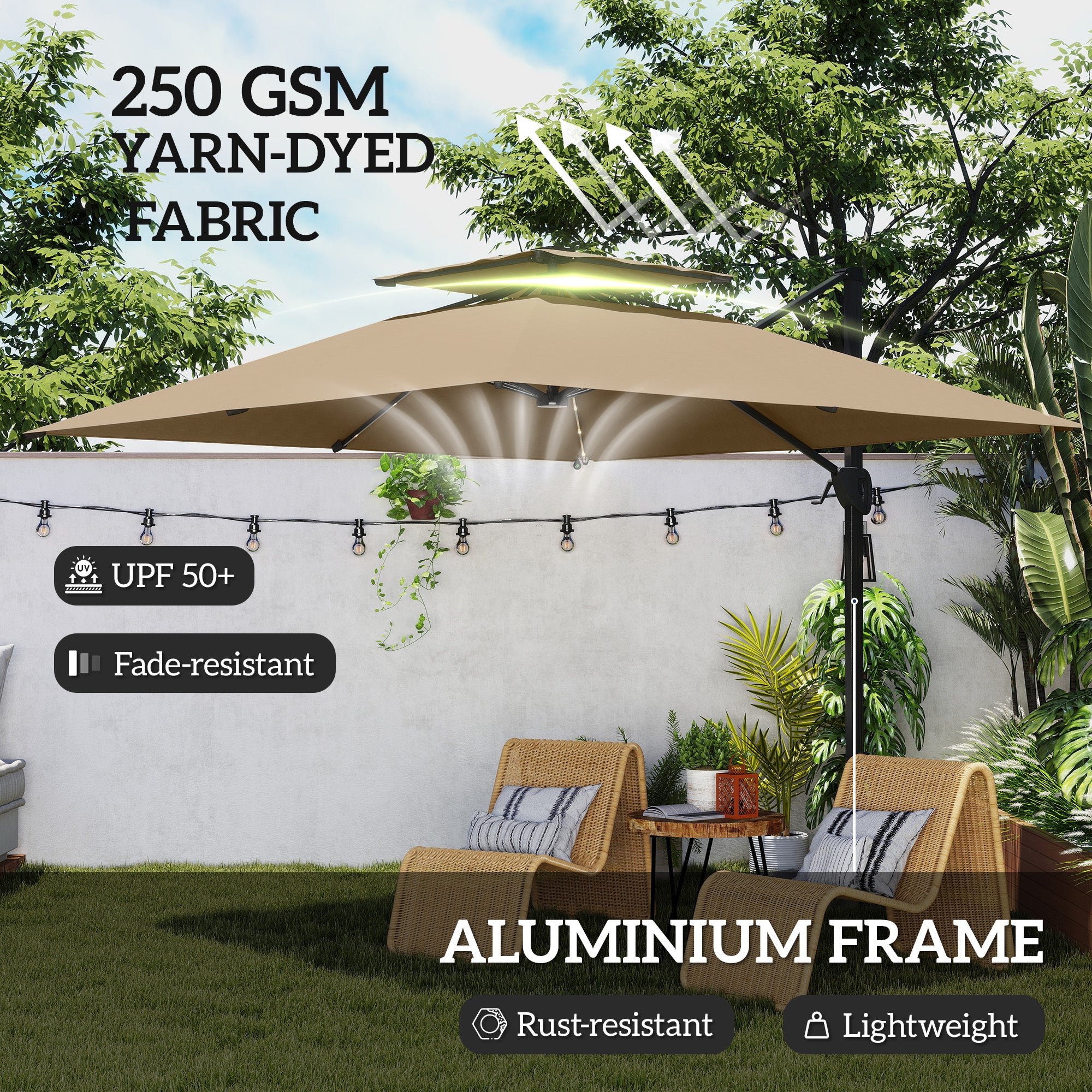 Outsunny Multi-Angle LED Light Parasol Umbrella - Khaki
