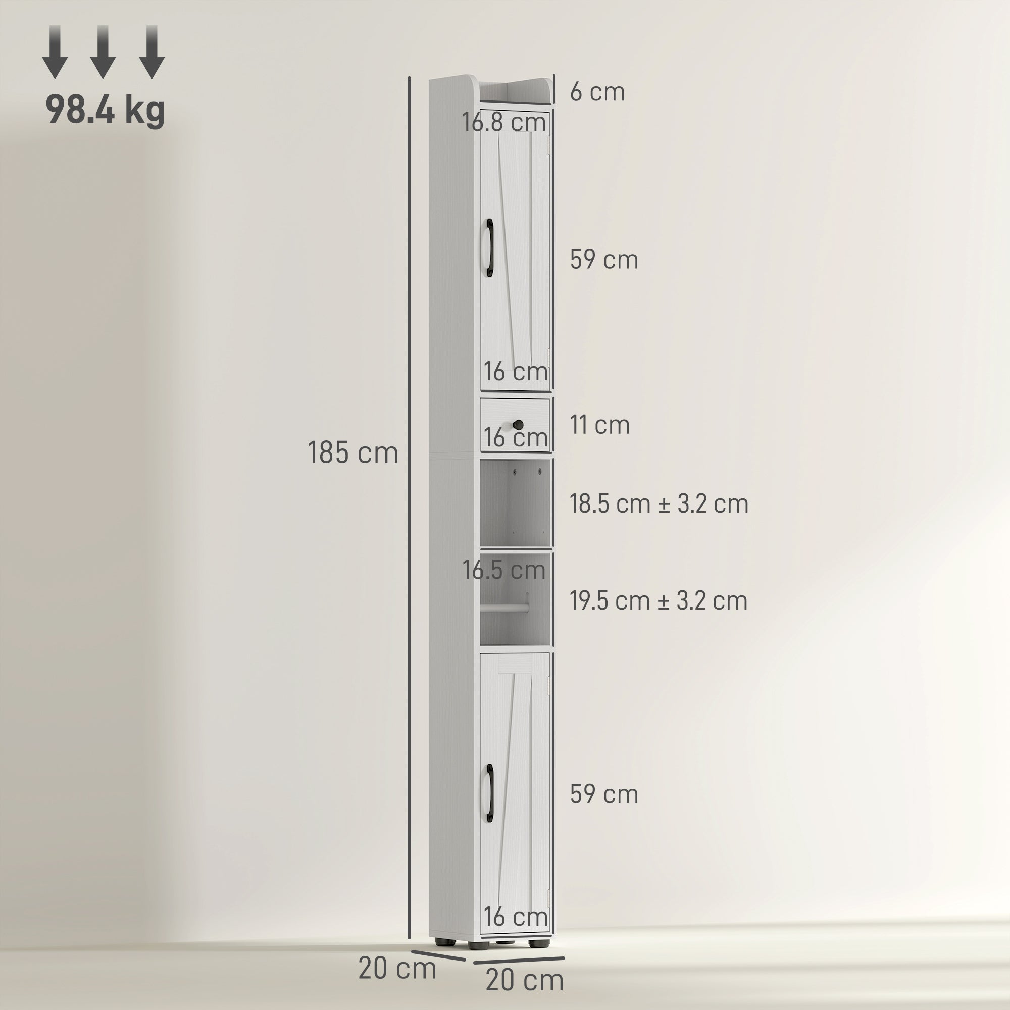 HOMCOM Tall Bathroom Cabinet, Farmhouse Slim Bathroom Storage Cabinet with Barn Doors, Toilet Paper Roll Holder, Drawer and Adjustable Shelves, Narrow Bathroom Storage Unit, 20 x 20 x 185cm, White