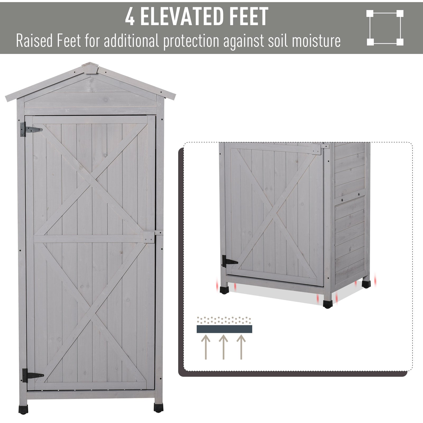 Outsunny Wooden Garden Shed, Outdoor Storage Cabinet with 2 Shelves and Hooks, Locking Organiser Outdoor Narrow Tool House, 74x55x155cm, Grey