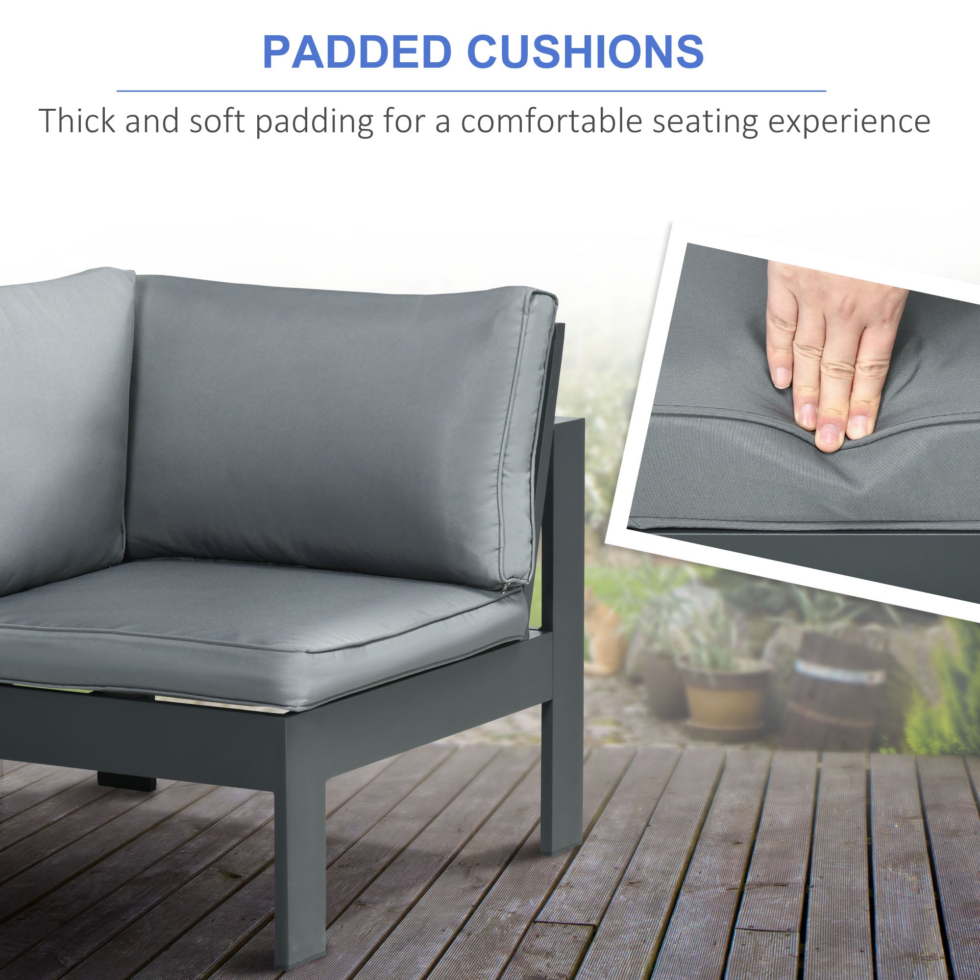 Outsunny 6-Piece Aluminium Garden Furniture Set with Fire Pit Table, Outdoor Dining Sofa Set with Cushions, Loveseats and Footstools, Sectional Corner Conservatory Furniture for Patio, Grey