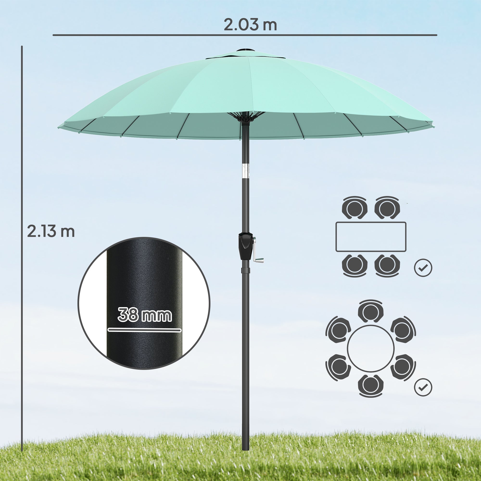 Outsunny 2 m Shanghai Garden Parasol Umbrella with 16 Fibreglass Ribs, Outdoor Parasol Sun Shade with Crank & Tilt, Turquoise