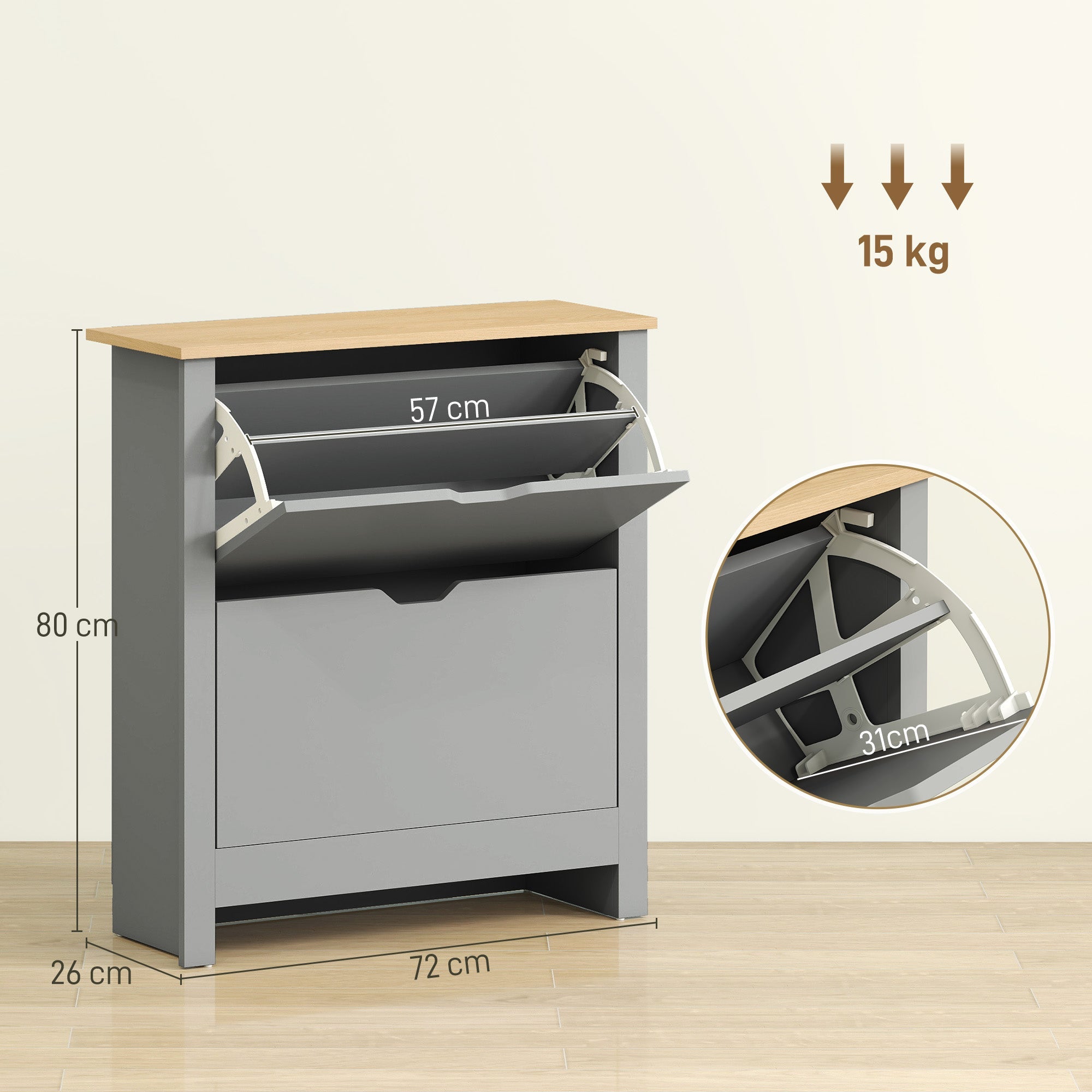 HOMCOM Slim Shoe Cabinet, Narrow Shoe Cupboard with 2 Flip Drawers, Adjustable Shelves for 12 Pairs of Shoes, Light Grey