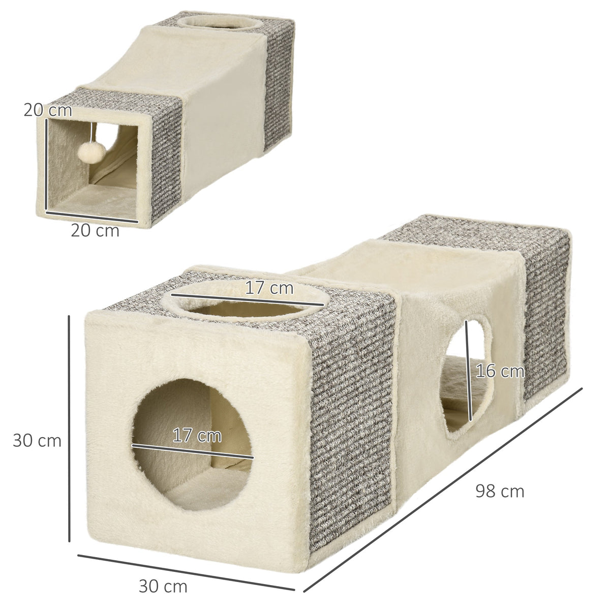 PawHut Cat Tunnel, Plush Large Play Tunnel with Two Caves and Hanging Ball, Cream White