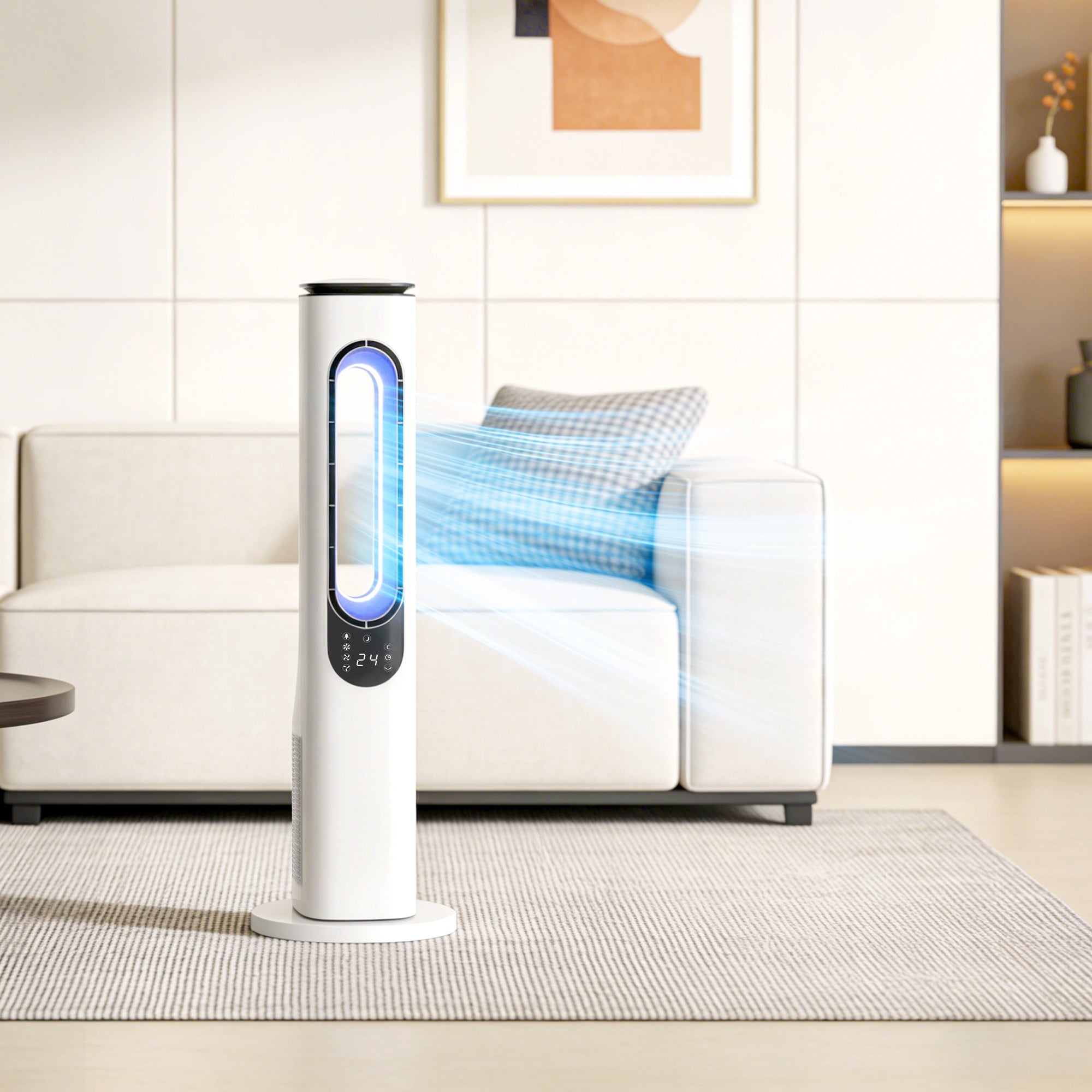 HOMCOM Bladeless Tower Fan for Bedroom, 35dB Standing Cooling Fan with 50Â° Oscillating, LED Lights, 3 Speeds, 15H Timer, White