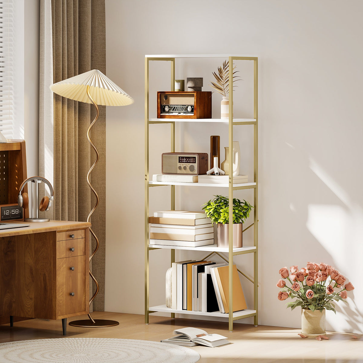HOMCOM 5-Tier Bookshelf, Modern Bookcase with Metal Frame - White and Gold Tone