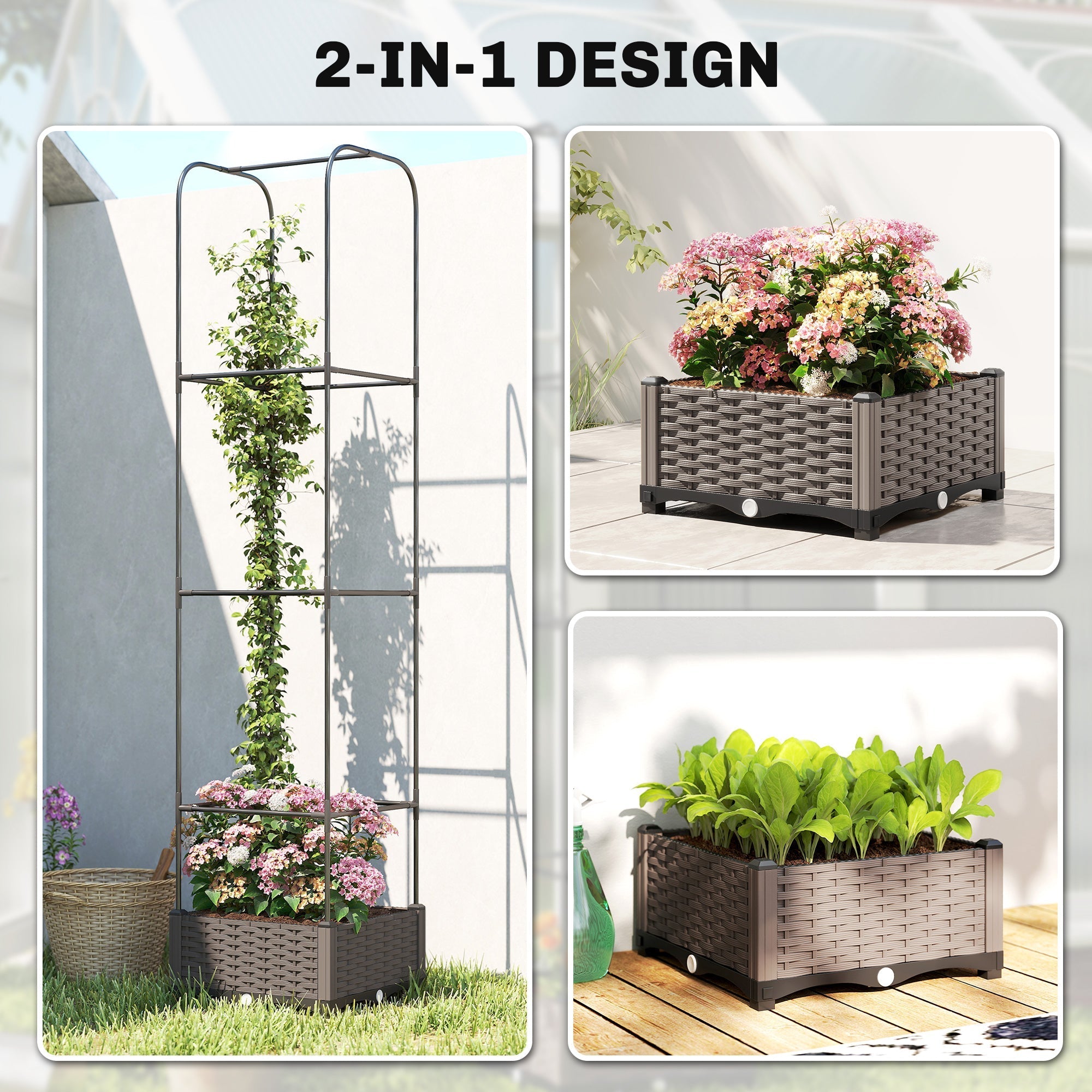 Outsunny Raised Garden Bed with Trellis, Plastic Planter Box with Drainage Holes, Drain Plugs and Water Reservoirs