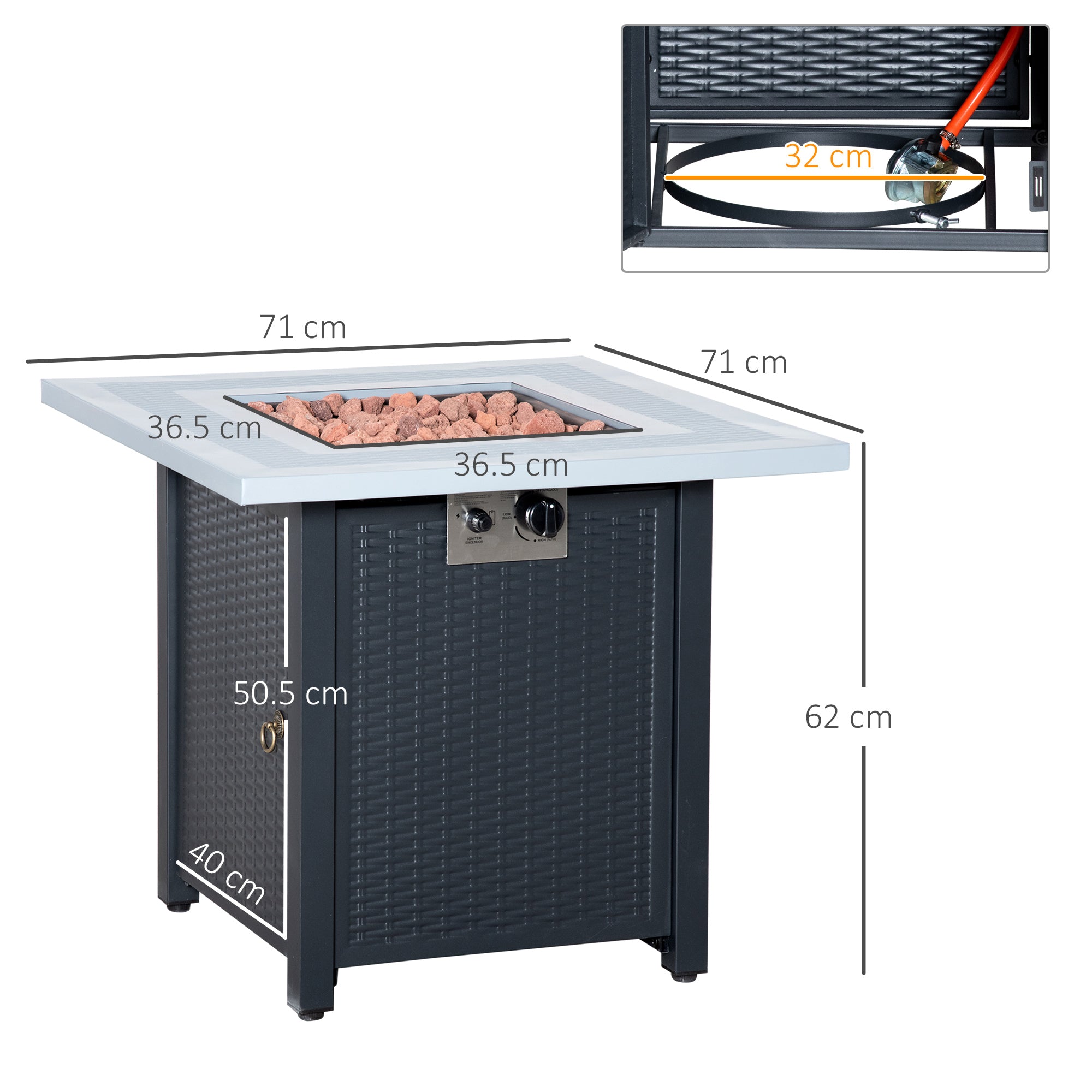 Outsunny 71 x 71cm 40000 BTU Gas Firepit Table - Black/Grey