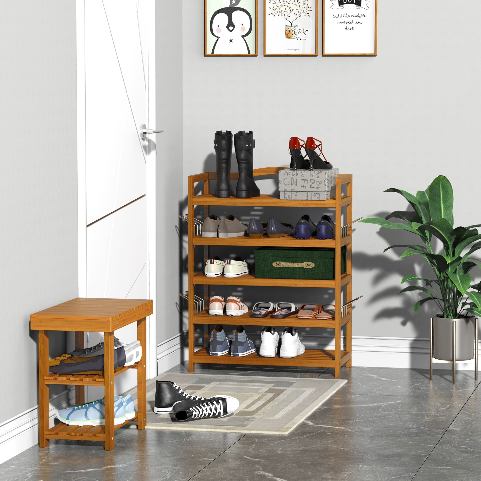 HOMCOM 5-Tier Shoe Rack, Acacia Wooden Shoe Storage Organiser with Hangers, Holds up to 19 Pairs, for Entryway, Living Room, 64 x 26 x 82 cm, Teak