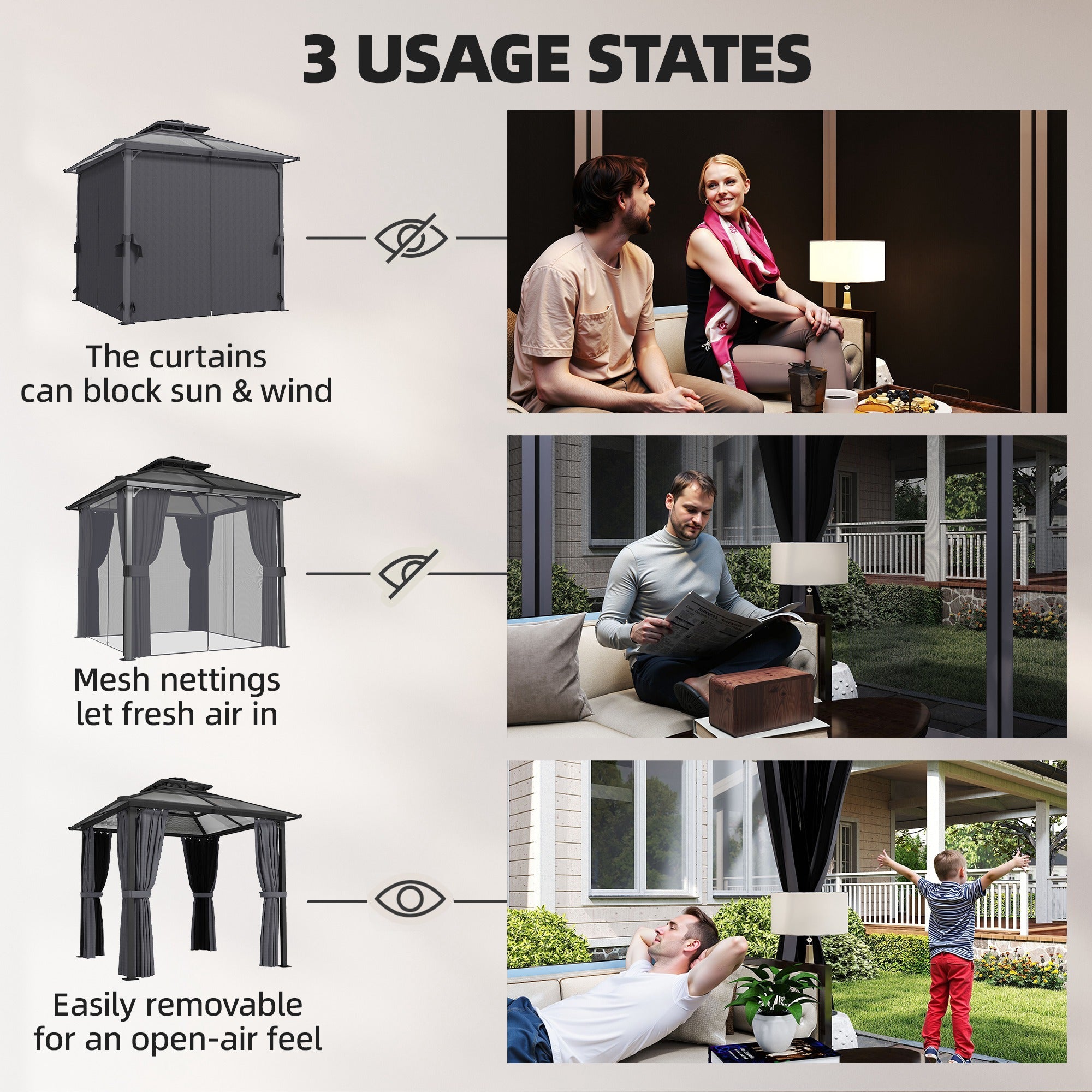 Outsunny 2.5 x 2.5 m Hardtop Gazebo Canopy with Double PC Roof, Drainage Gutters, Garden Gazebo Permanent Pavilion, Dark Grey