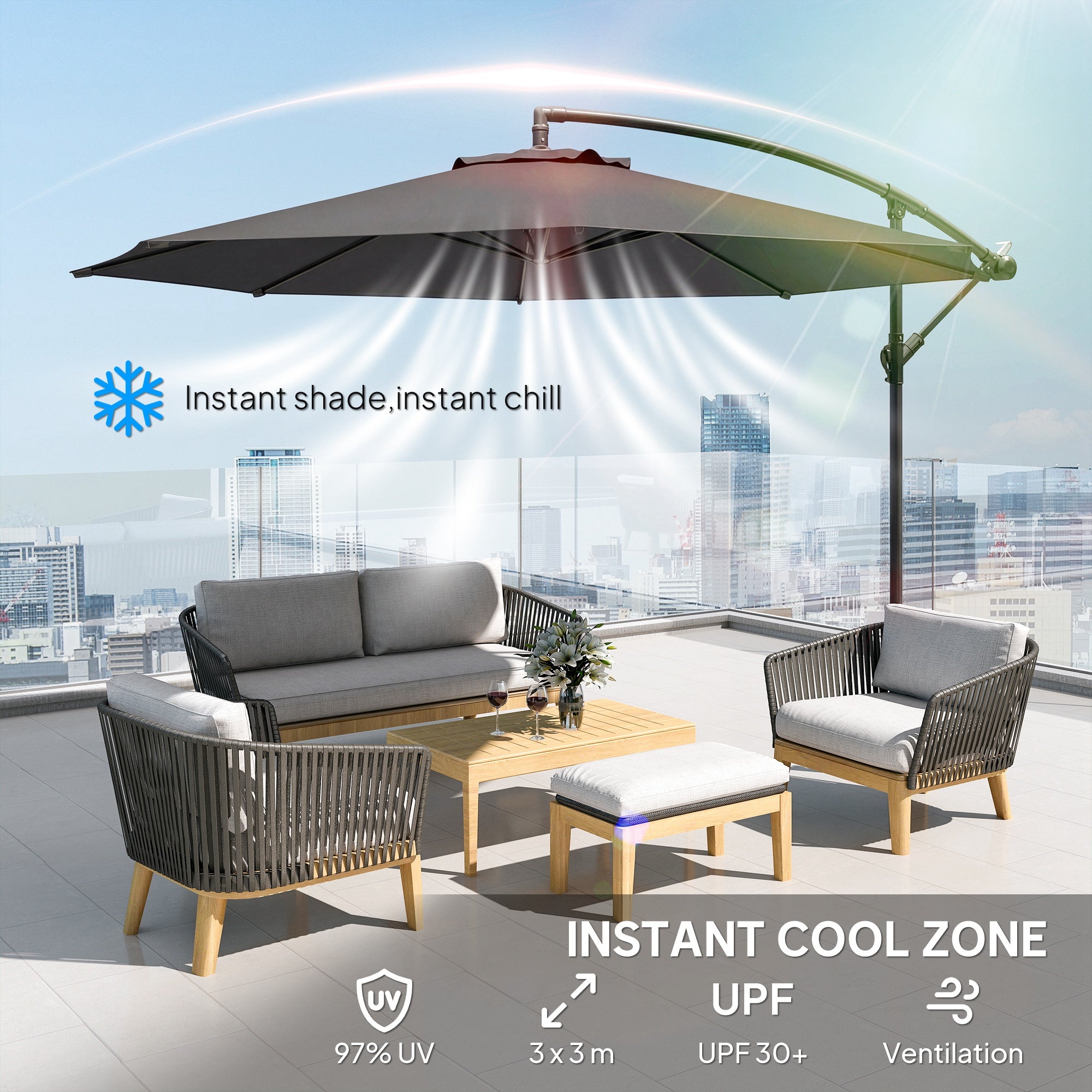 Outsunny 3 m Overhanging Cantilever Parasol, with Cross Base - Grey