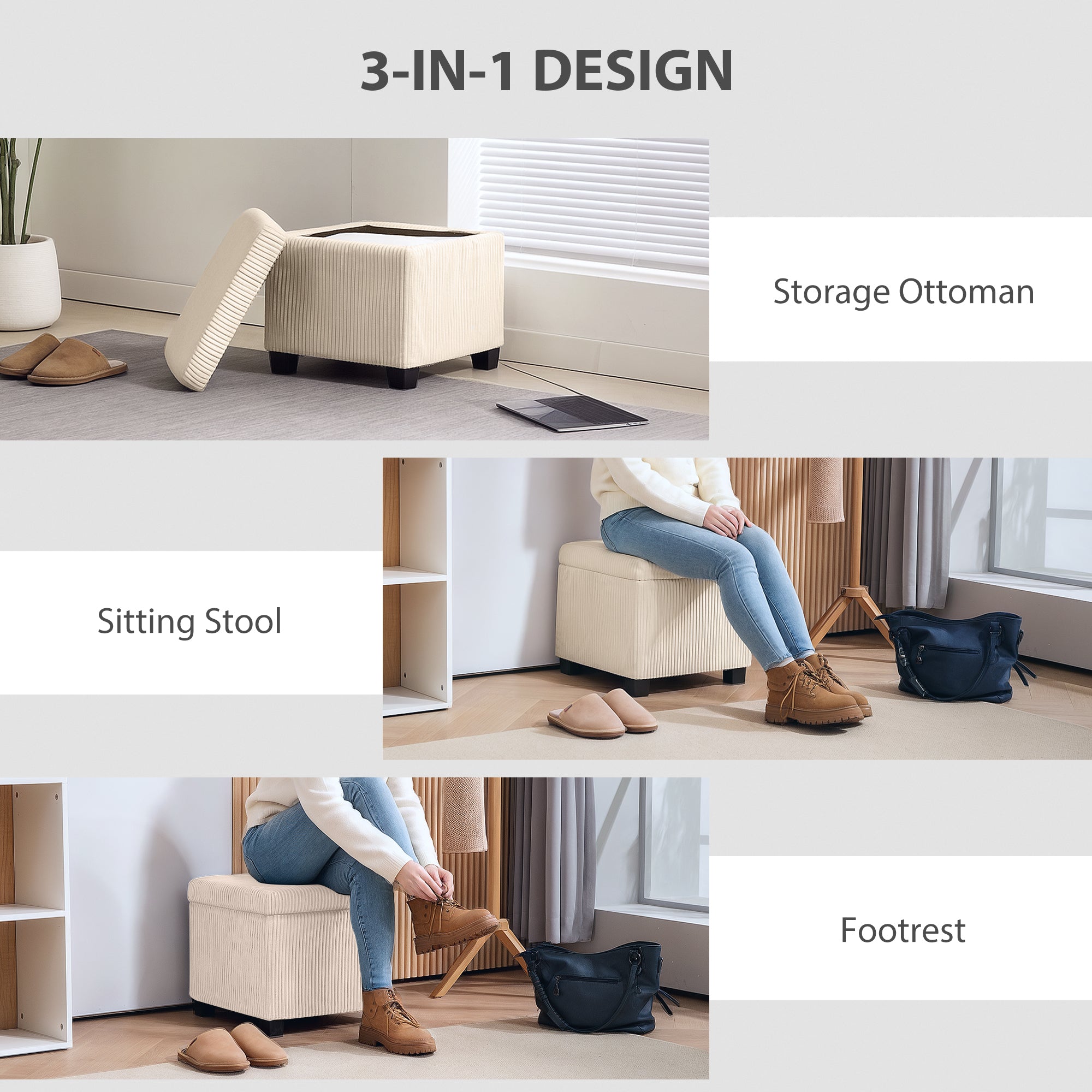 HOMCOM Storage Ottoman Bench, Corduroy Footstool with Removable Lid and Legs, 40cm Storage Chest Box for Living Room, Bedroom, Hallway, Beige