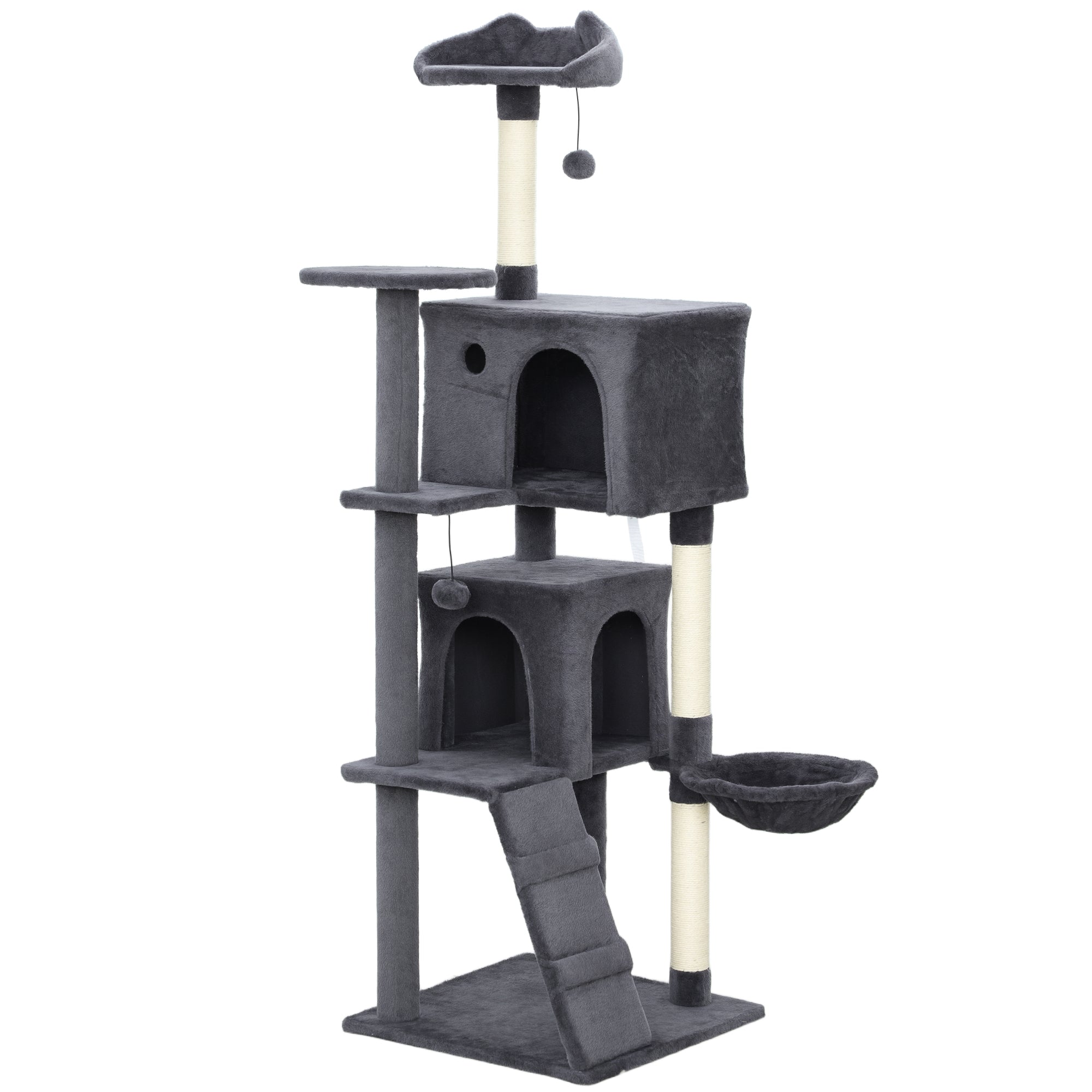 PawHut 160cm Large Cat Tree Tower with Sisal Scratching Posts, Condos, Plush Perches, Hammock, Ladder, Dark Grey