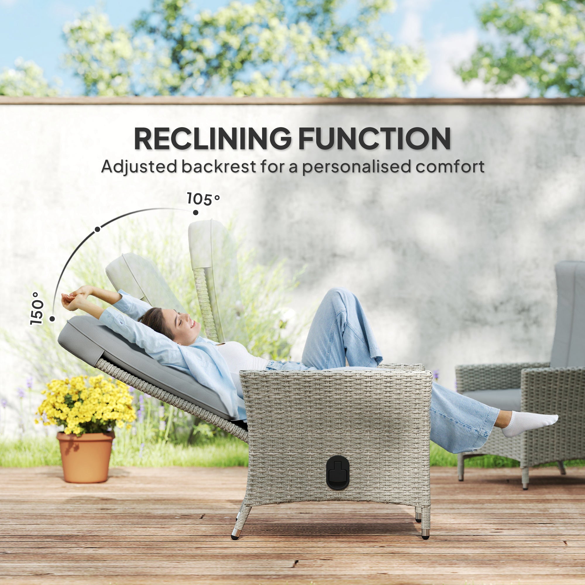 Outsunny 105√Ç¬∞-150√Ç¬∞ Reclining Rattan Chair - Grey