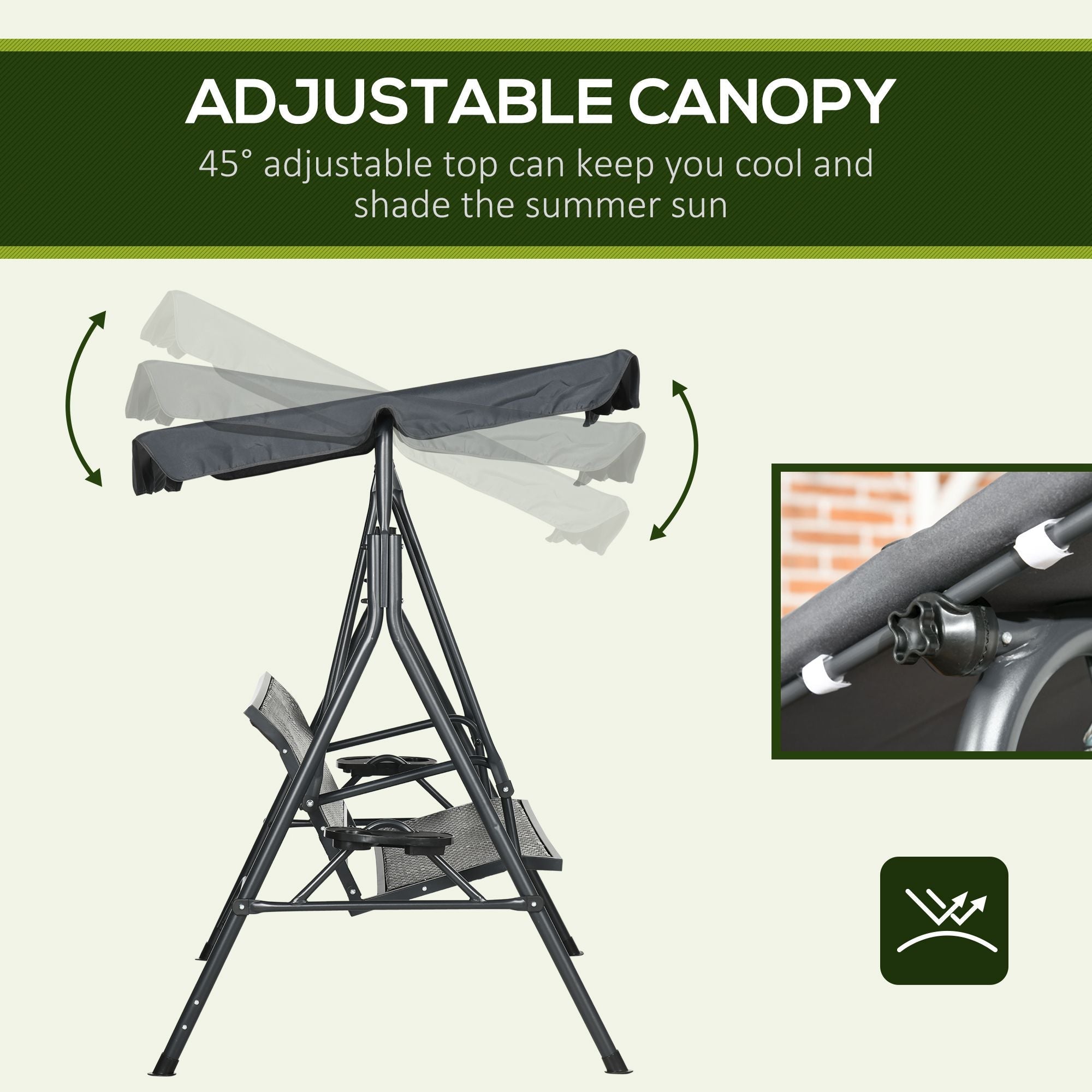 Outsunny 3 Seater Swing Chair, Garden Swing Seat Bench with Adjustable Canopy, Rattan Seat and Steel Frame for Patio, Yard, Dark Grey