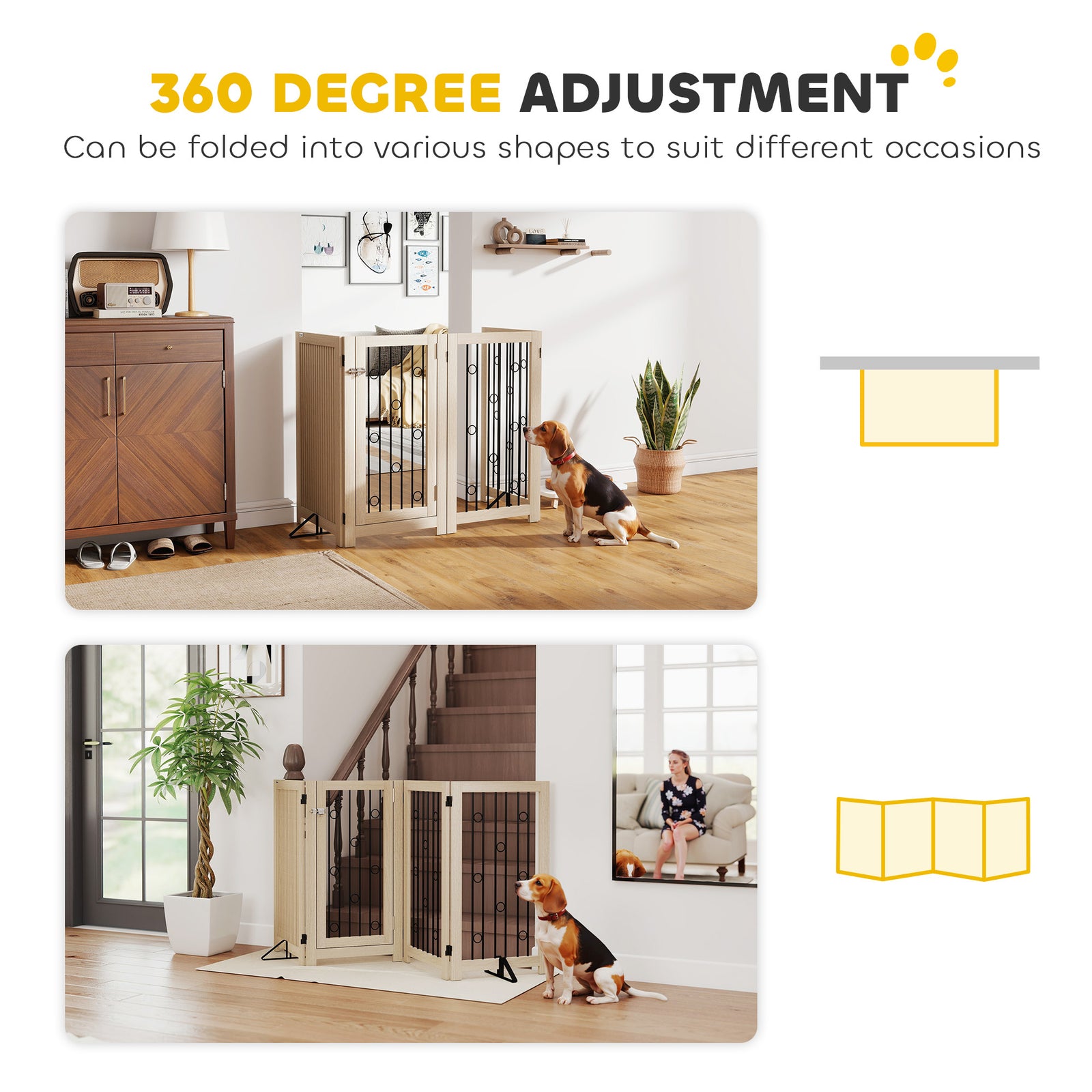 PawHut 4 Panel Freestanding Pet Gate, Indoor Dog Barrier with Lockable Door, Support Feet, 360° Flexible Hinges, Oak