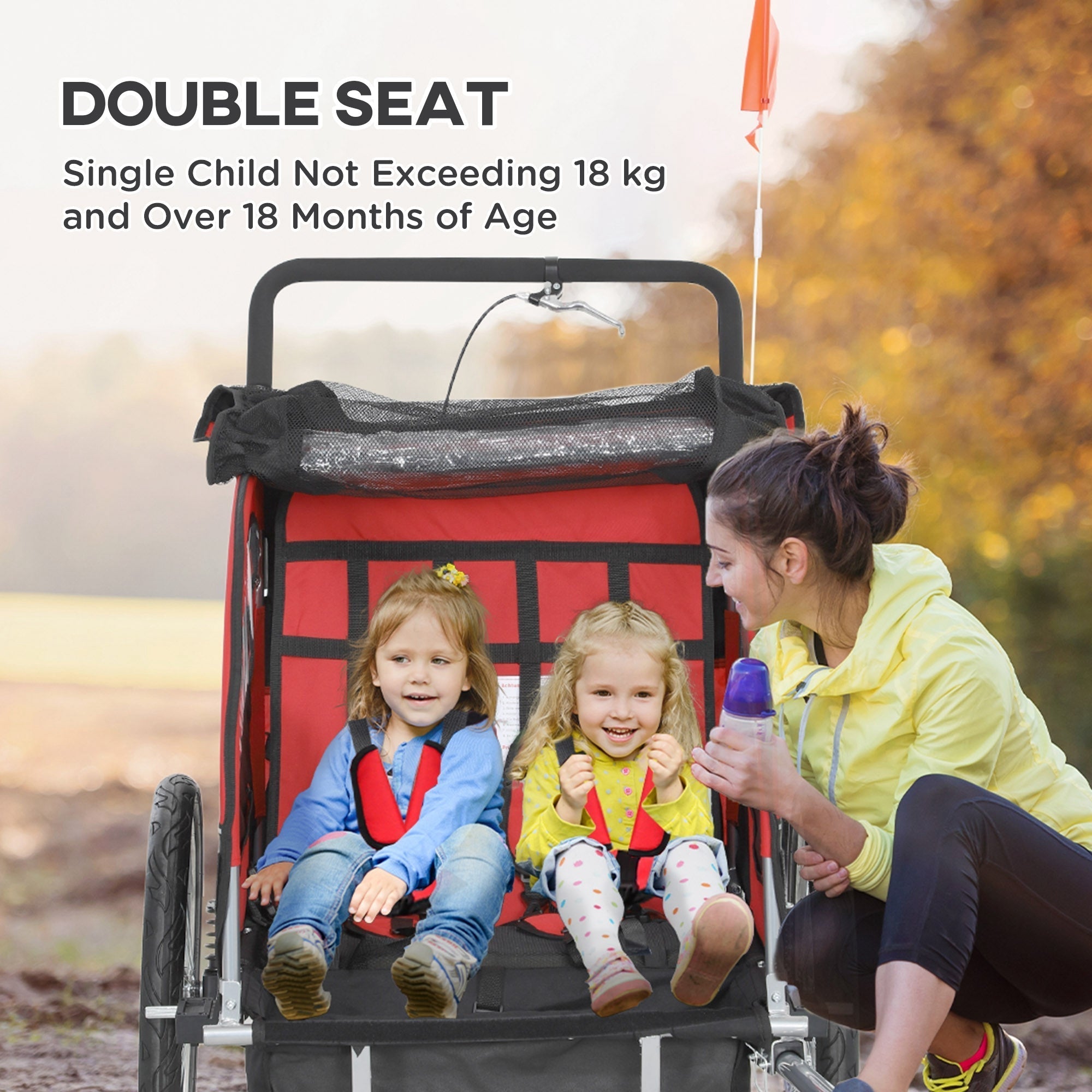 HOMCOM 2 Seat Bike Trailer with 5 Point Harness, Baby Bike Stroller with Safety Flag, Reflectors, for 18+ Months, Red