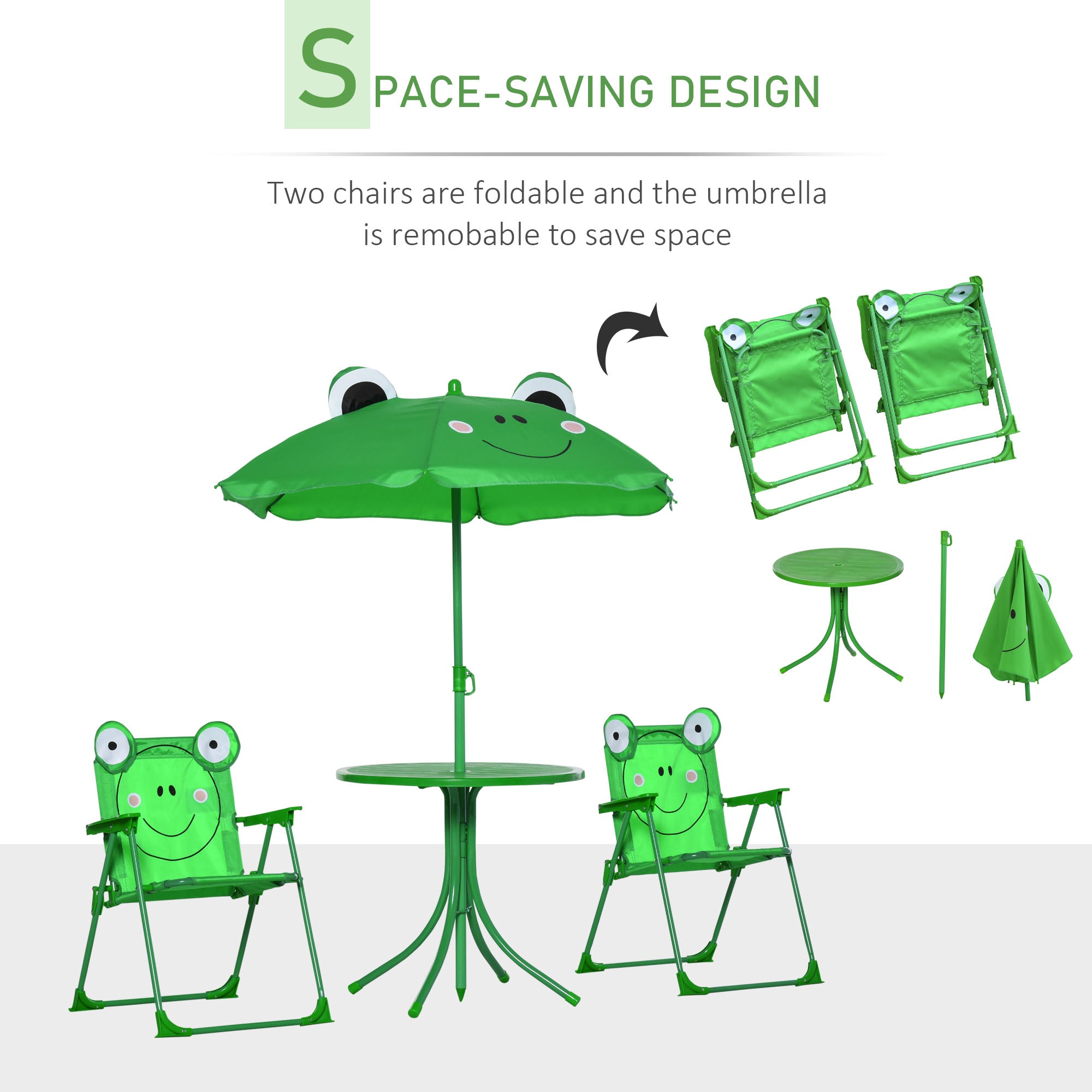 Outsunny Kids Folding Picnic Table Chair Set w/ Parasol, Green