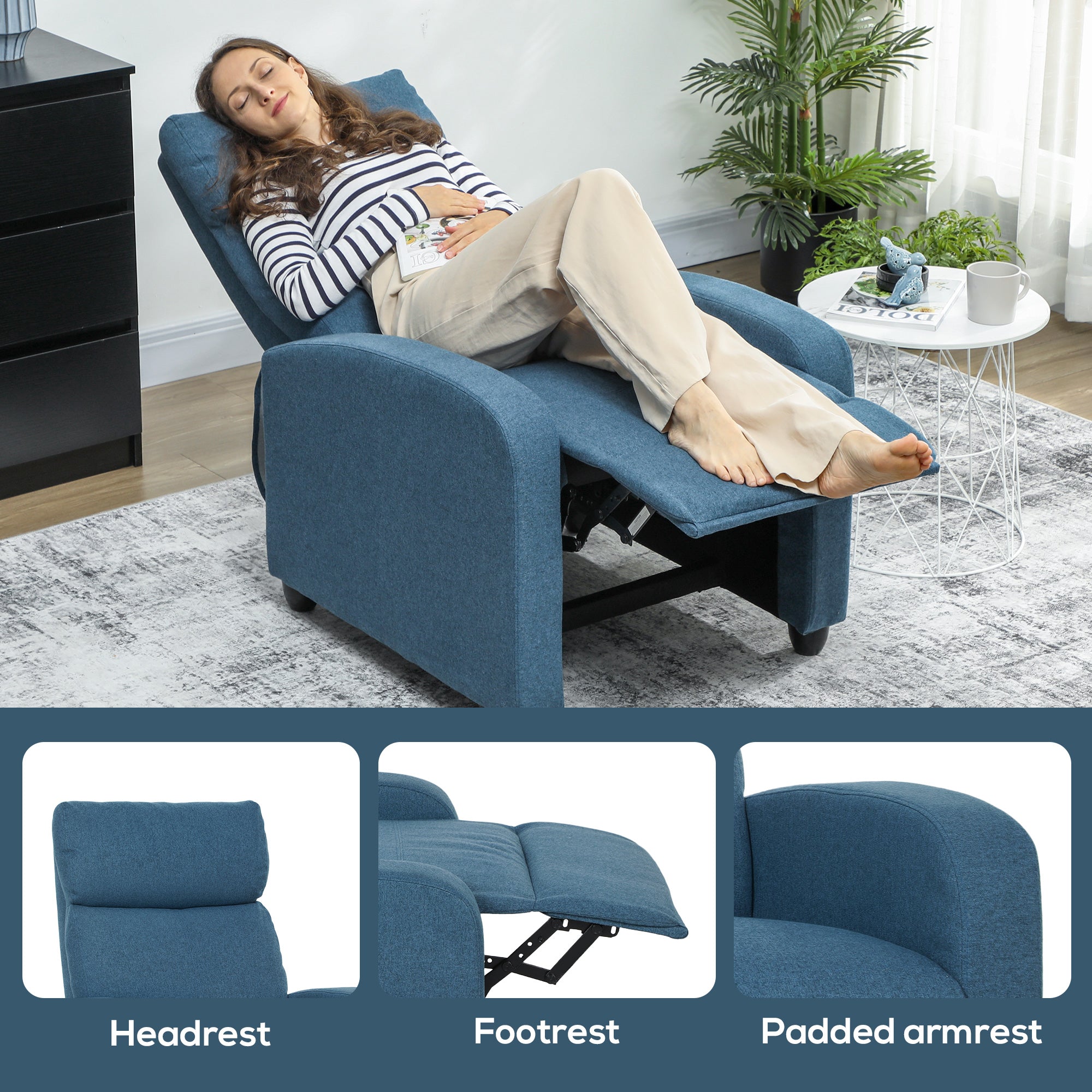 HOMCOM 135√Ç¬∞ Push Back Recliner Armchair, with Footrest - Blue