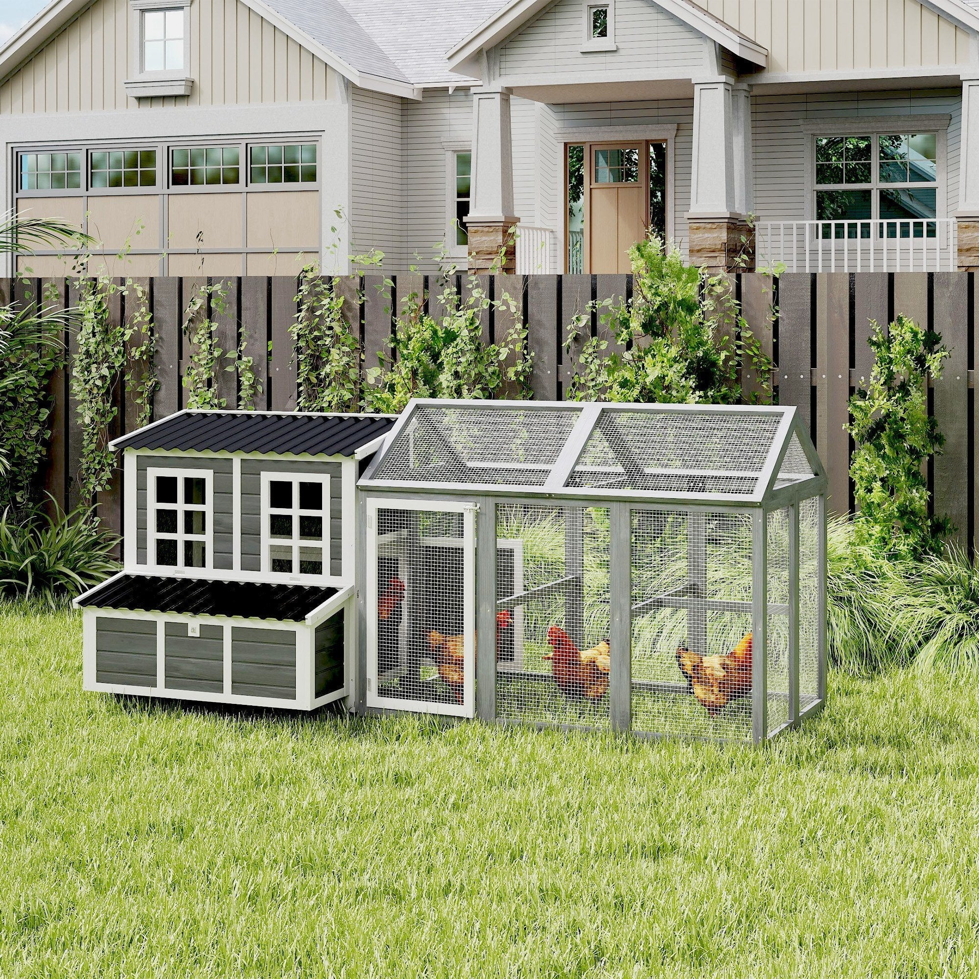 PawHut 2-Piece Wooden Chicken Coop and Run Set, Poultry Run Cage with Nesting Box, Slide-Out Tray, Roof, Perch