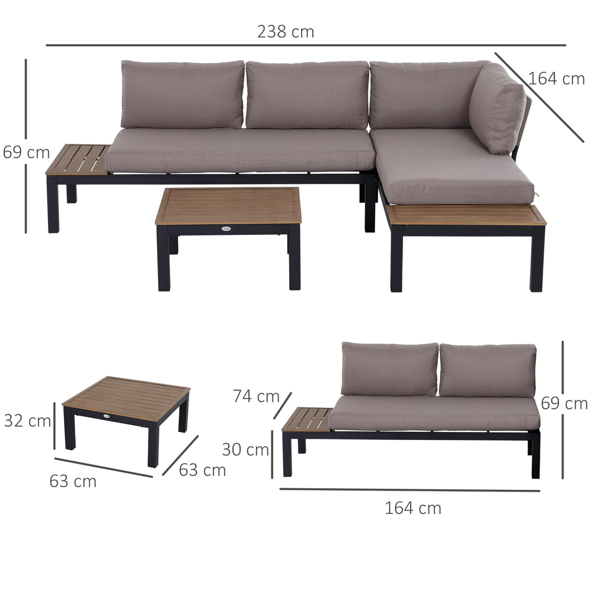 Outsunny 3 Pieces Garden Furniture Set, Aluminium 4 Seater Corner Sofa Set with 2 Loveseats, Coffee Table and Side Trays, Outdoor Conversation Furniture with Cushions for Garden, Black