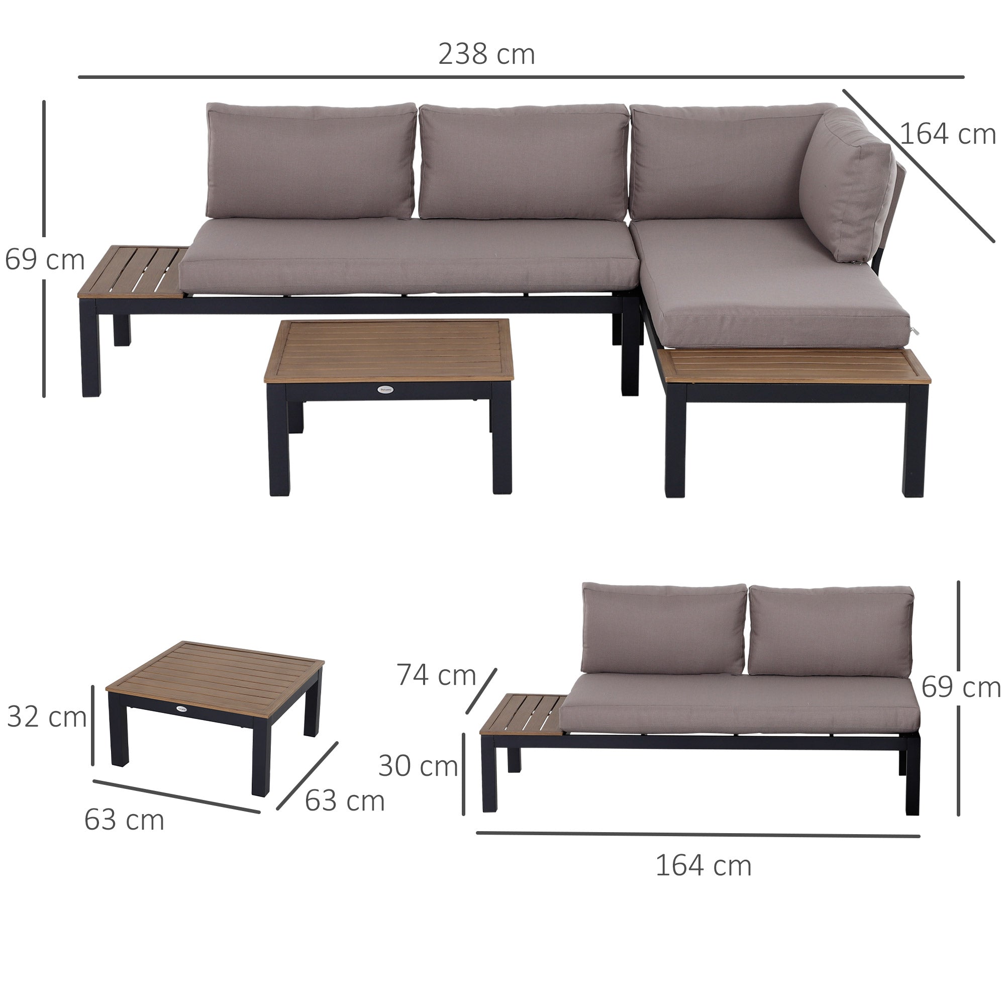 Outsunny 3 Pieces Garden Furniture Set, Aluminium 4 Seater Corner Sofa Set with 2 Loveseats, Coffee Table and Side Trays, Outdoor Conversation Furniture with Cushions for Garden, Black