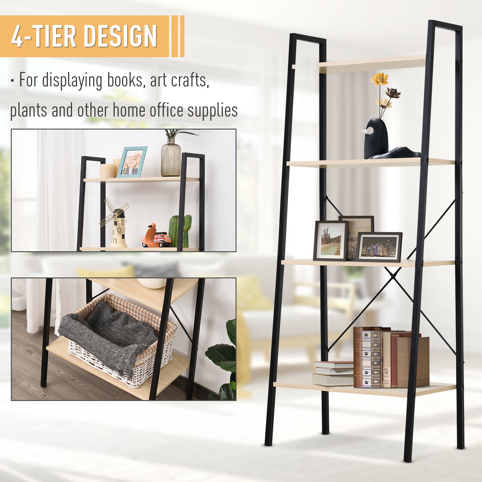 HOMCOM Ladder Shelf, Bookshelf, 4-Tier Industrial Storage Rack for Living Room, Bedroom, Kitchen, Oak and Black